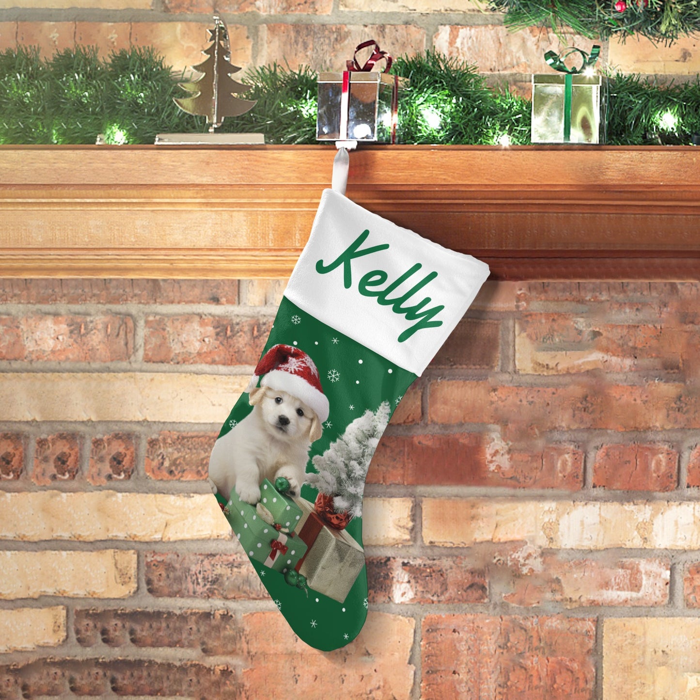 Green Dog Christmas Stocking Custom Name Santa Socks Gift