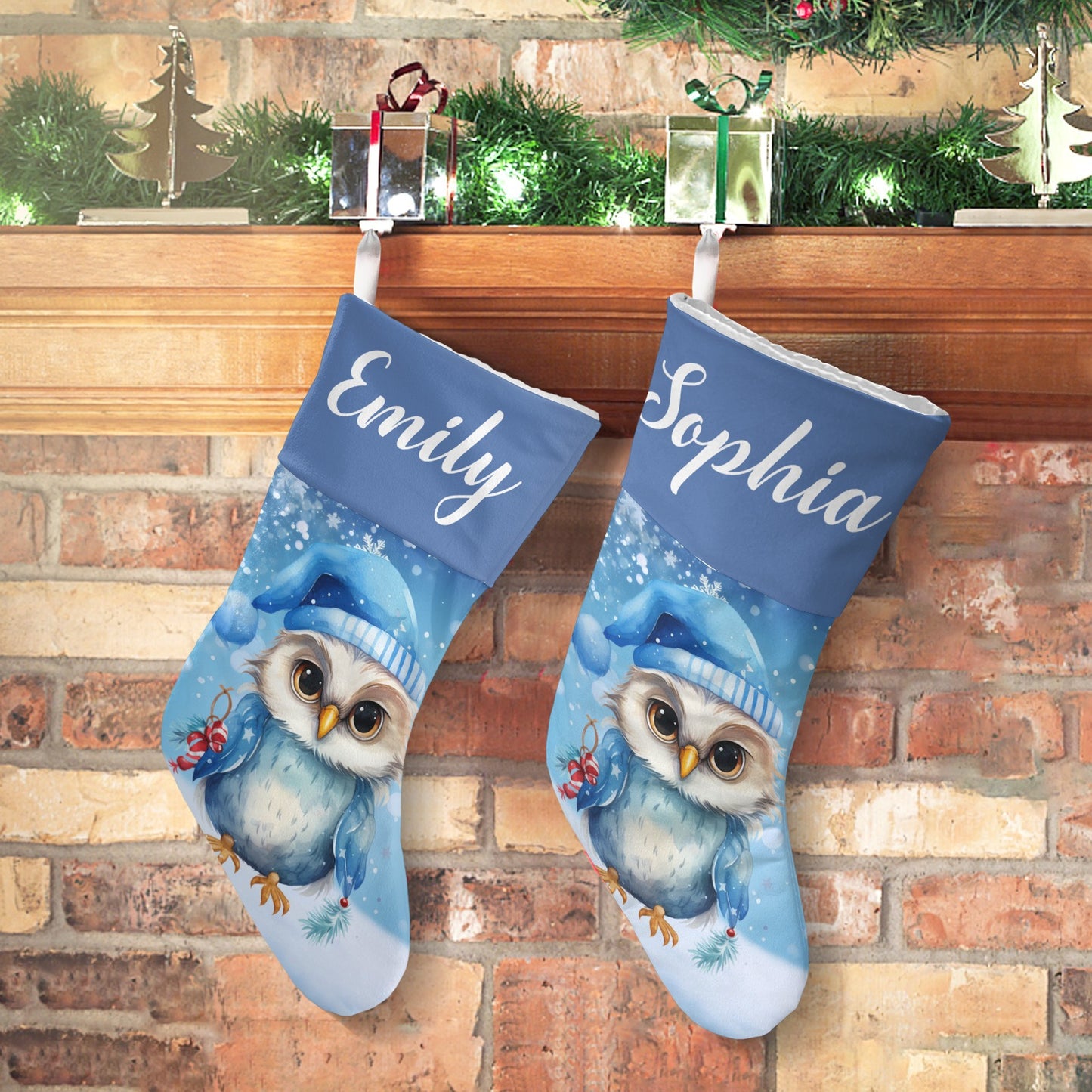 Owl Blue Christmas Stocking Custom Name Christmas Socks Gift