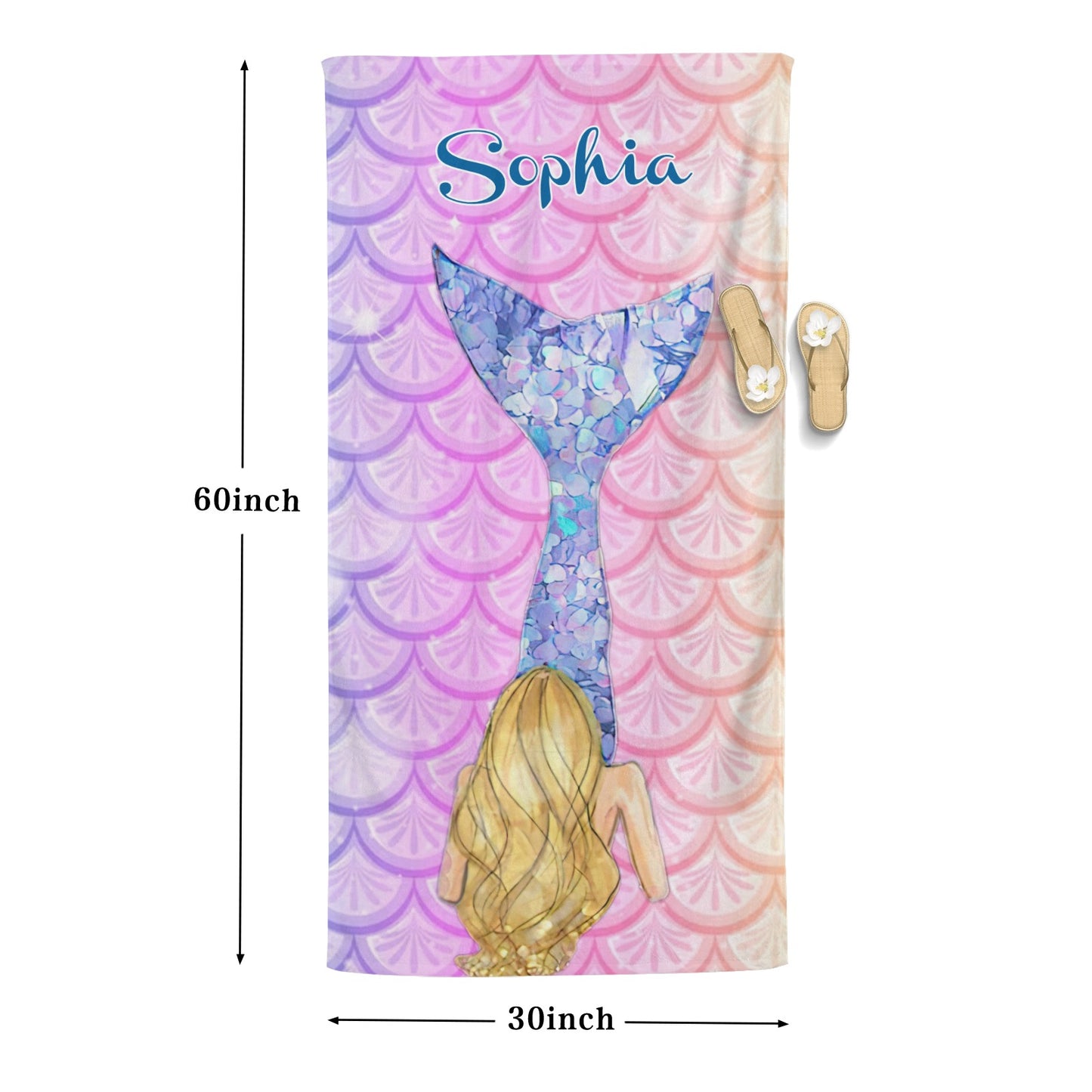 Mermaid Pink Beach Towel Custom Cotton/Poly Blend Pool Towel - Blue - Personalize with Your Name - Standard Size