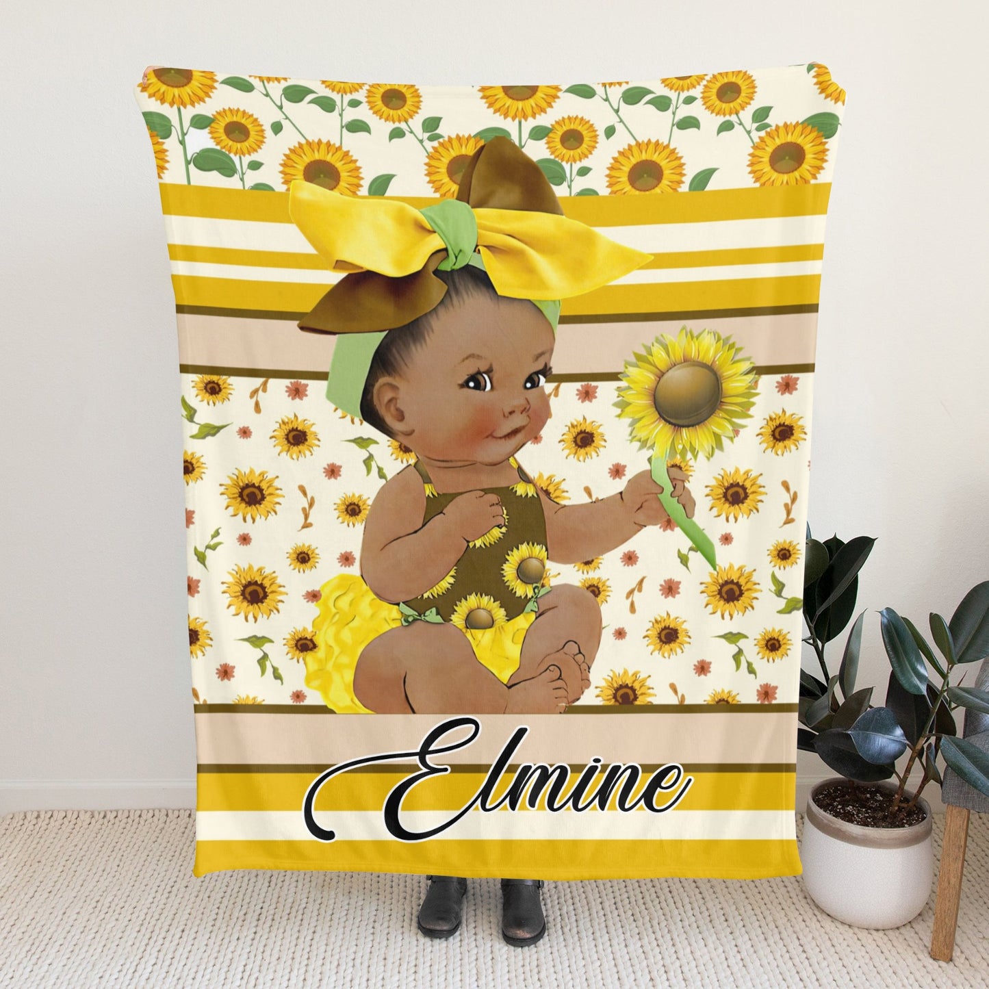 Sunflower Girl Flannel Blanket Custom Name Blanket Gift for Men Women