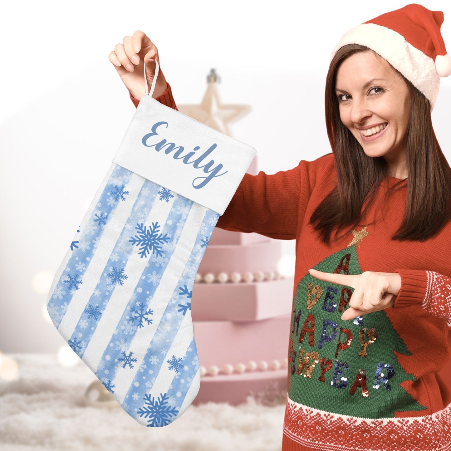 Snowflakes Stripes Christmas Stocking Custom Name Christmas Socks Gift