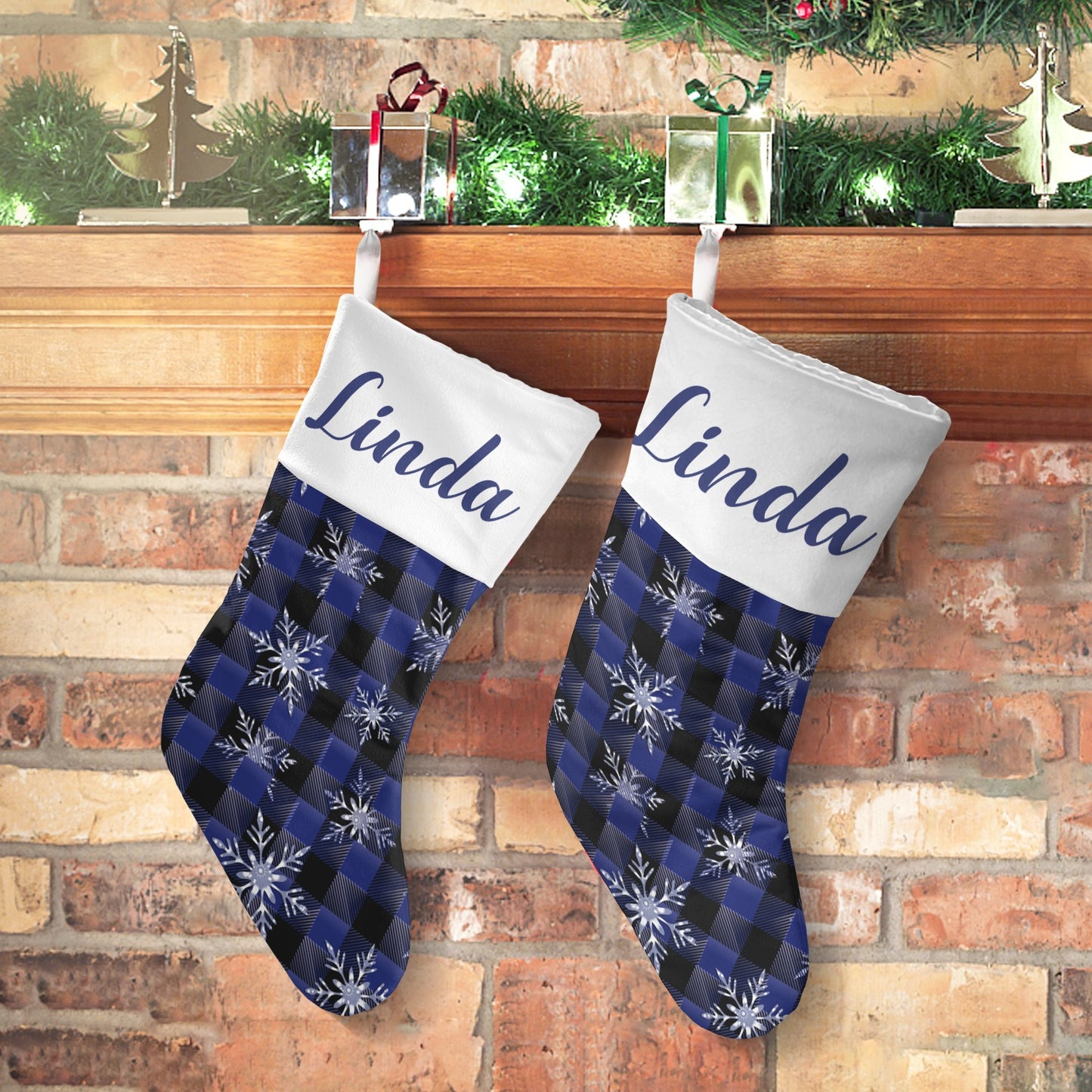 Blue Plaid Snowflakes Christmas Stocking Custom Name Christmas Socks Gift