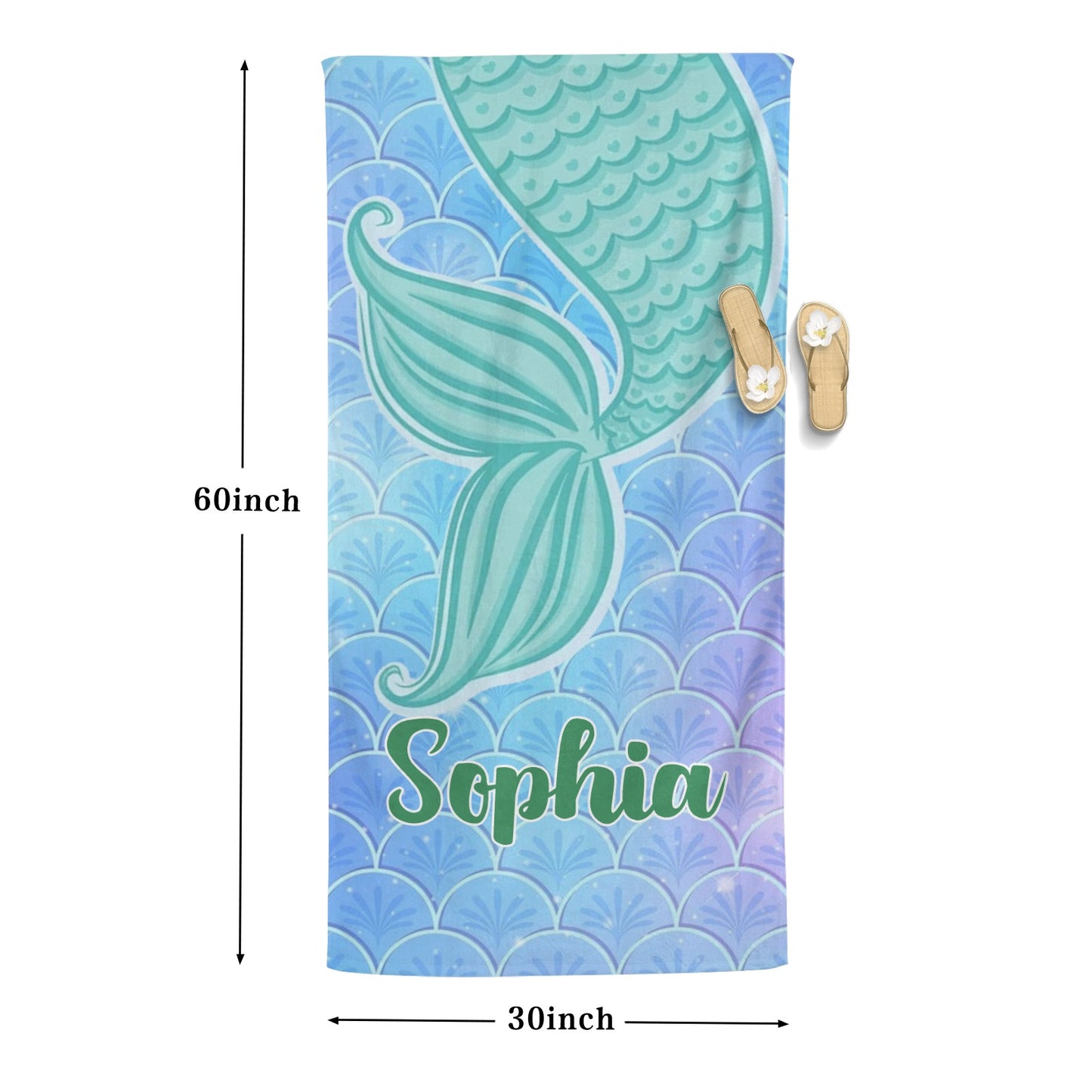 Mermaid Tail Green Beach Towel Custom Cotton/Poly Blend Pool Towel - Blue - Personalize with Your Name - Standard Size