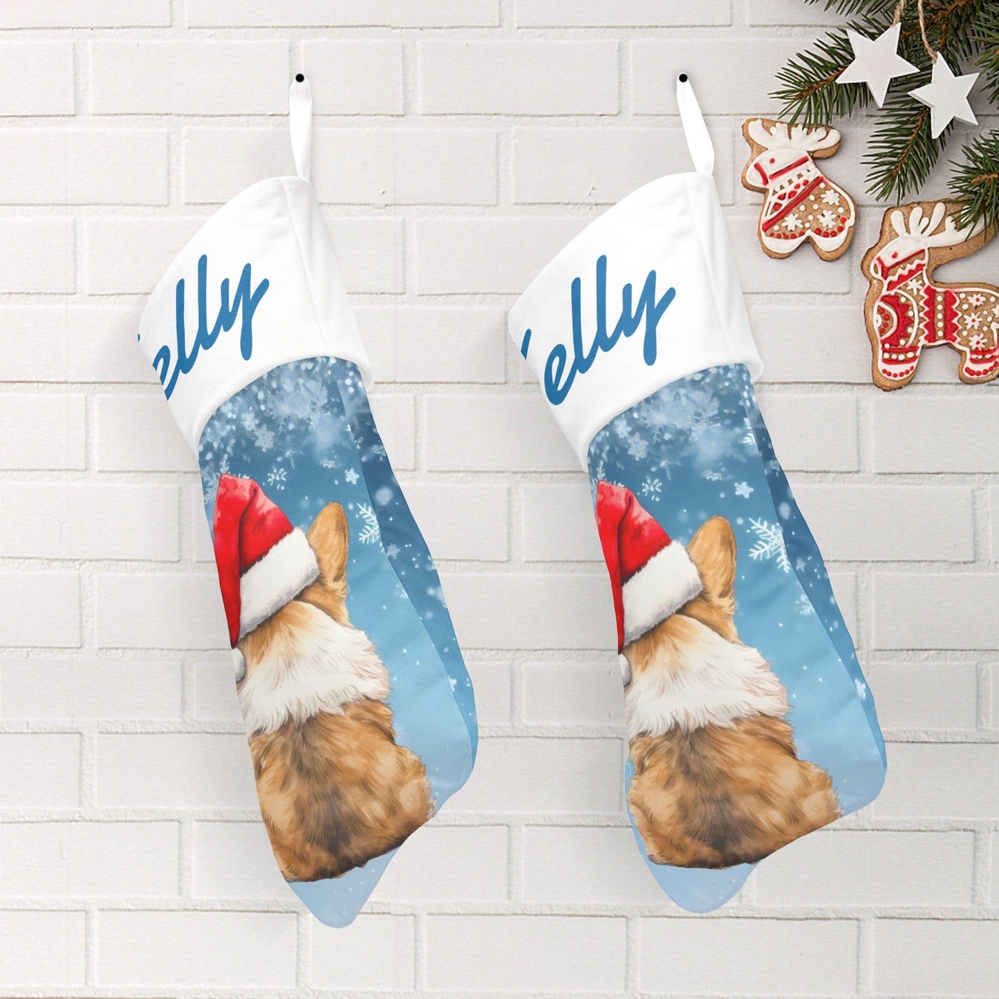 Dog Sky Blue Christmas Hat Christmas Stocking Custom Name Santa Socks Gift