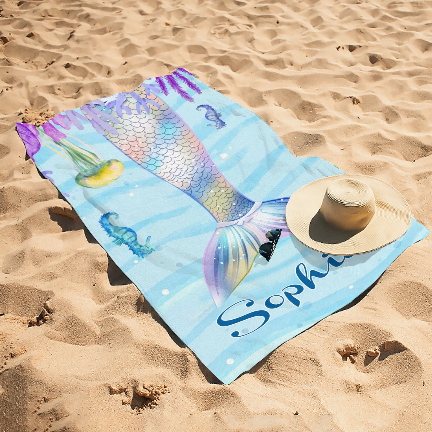 Blue Mermaid Tail Beach Towel Custom Cotton/Poly Blend Pool Towel - Blue - Personalize with Your Name - Standard Size