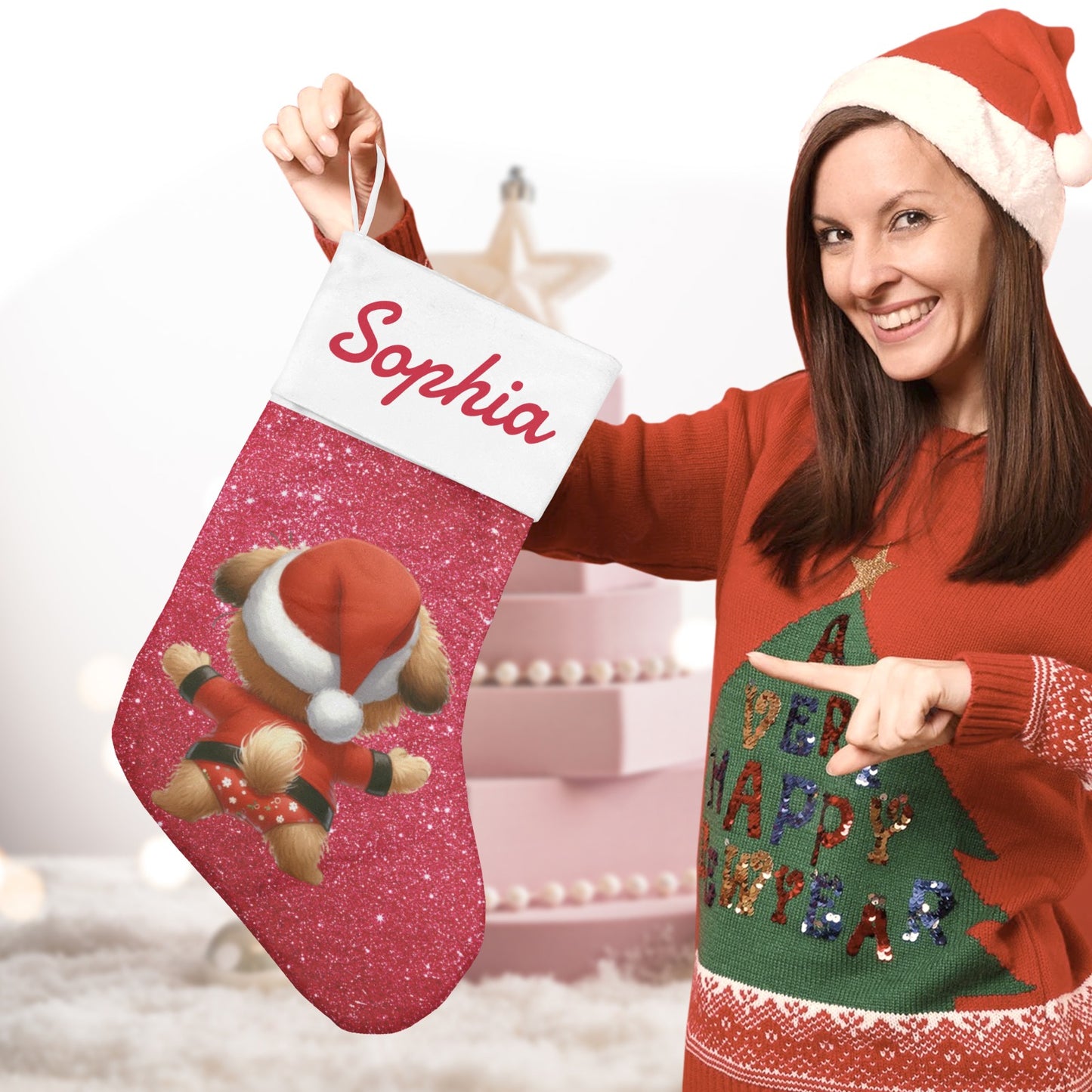 Dog Red Christmas Stocking Custom Name Santa Socks Gift