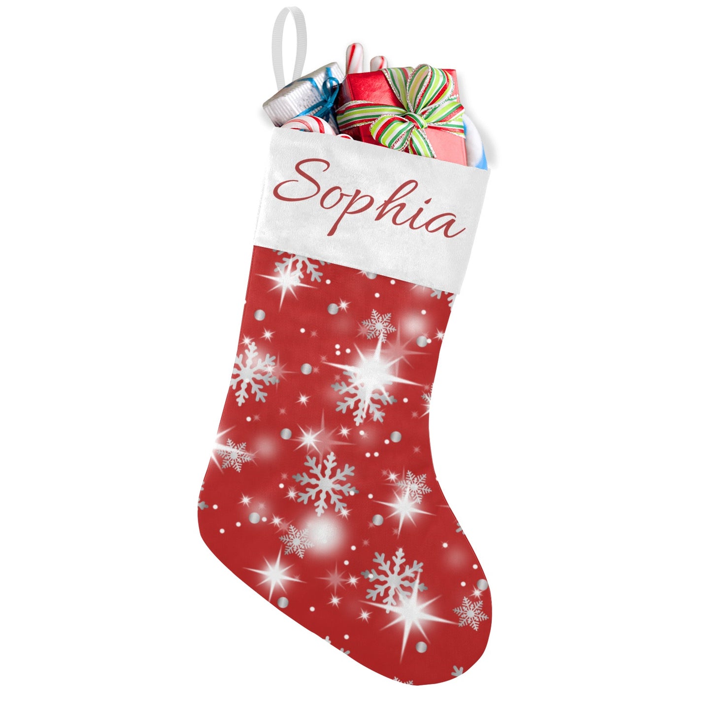 Snow flake red Christmas Stocking Custom Name Santa Socks Gift
