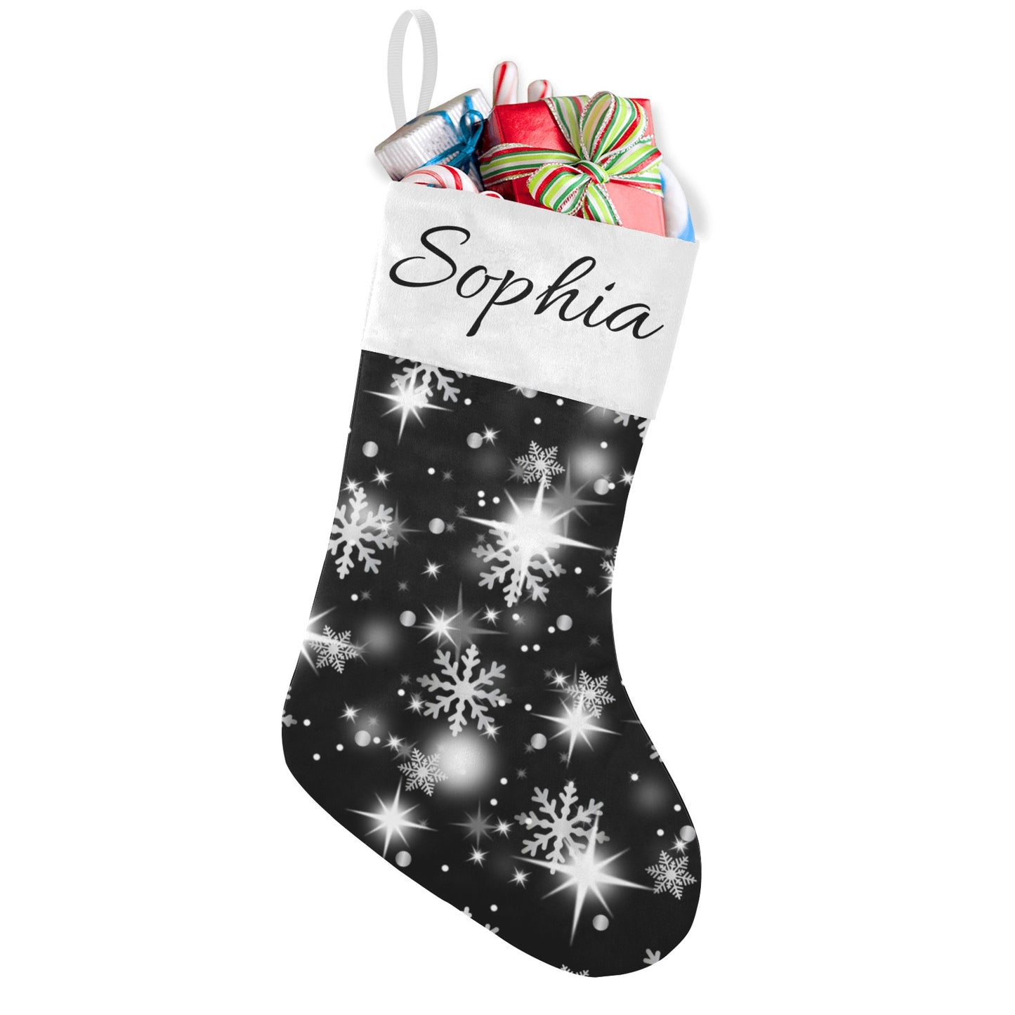 Snow flake black Christmas Stocking Custom Name Santa Socks Gift
