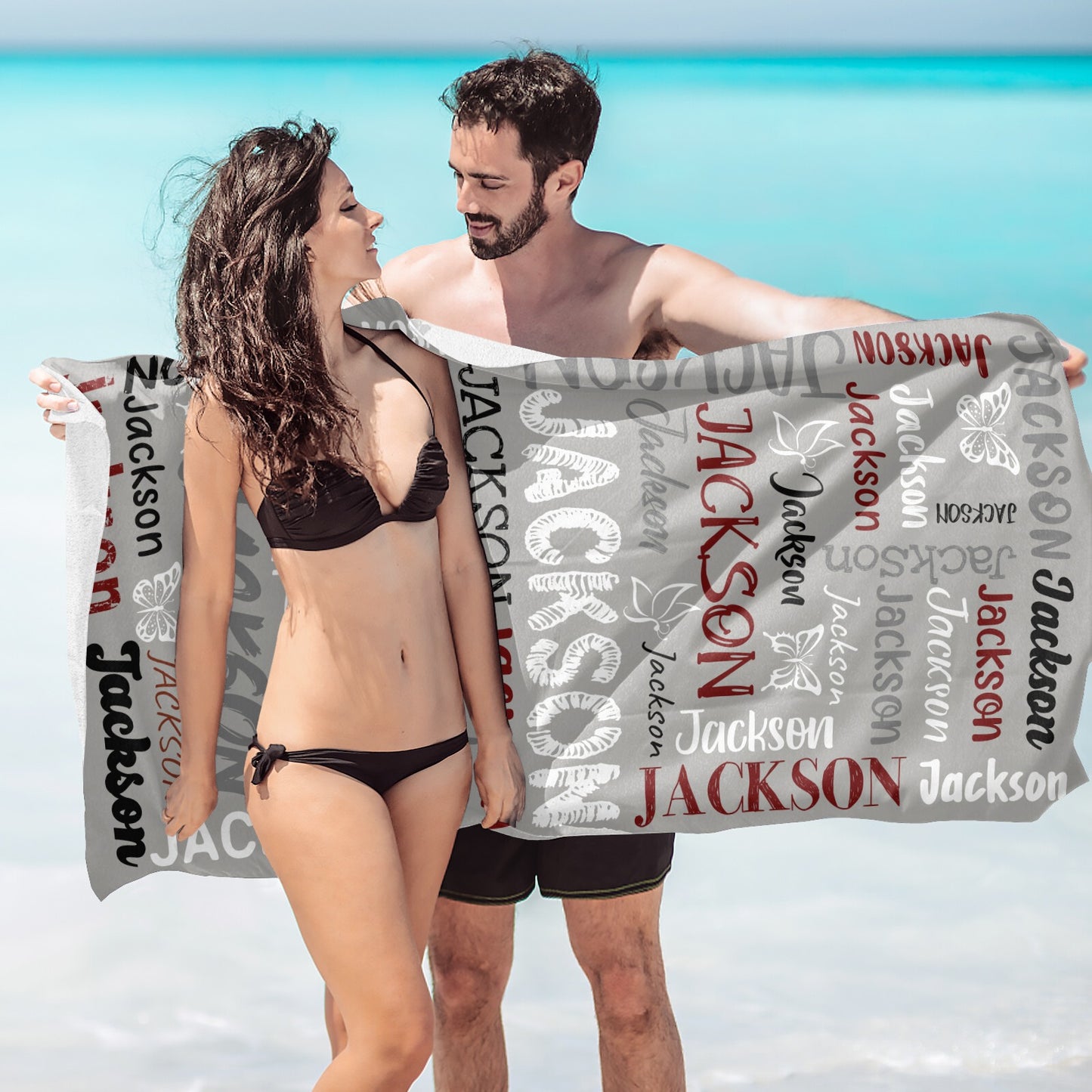 Grey Beach Towel Custom Cotton/Poly Blend Pool Towel - Blue - Personalize with Your Name - Standard Size