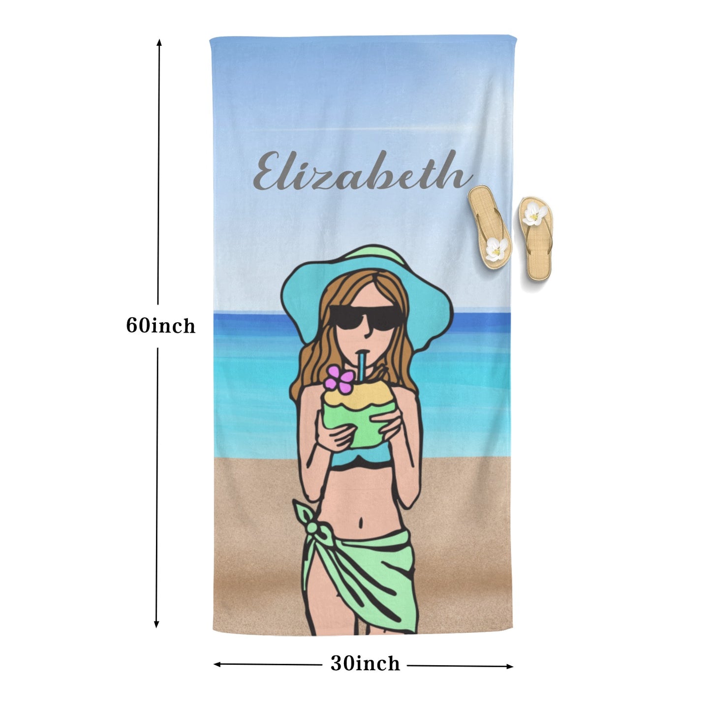 Beach Girl Beach Towel Custom Cotton/Poly Blend Pool Towel - Blue - Personalize with Your Name - Standard Size
