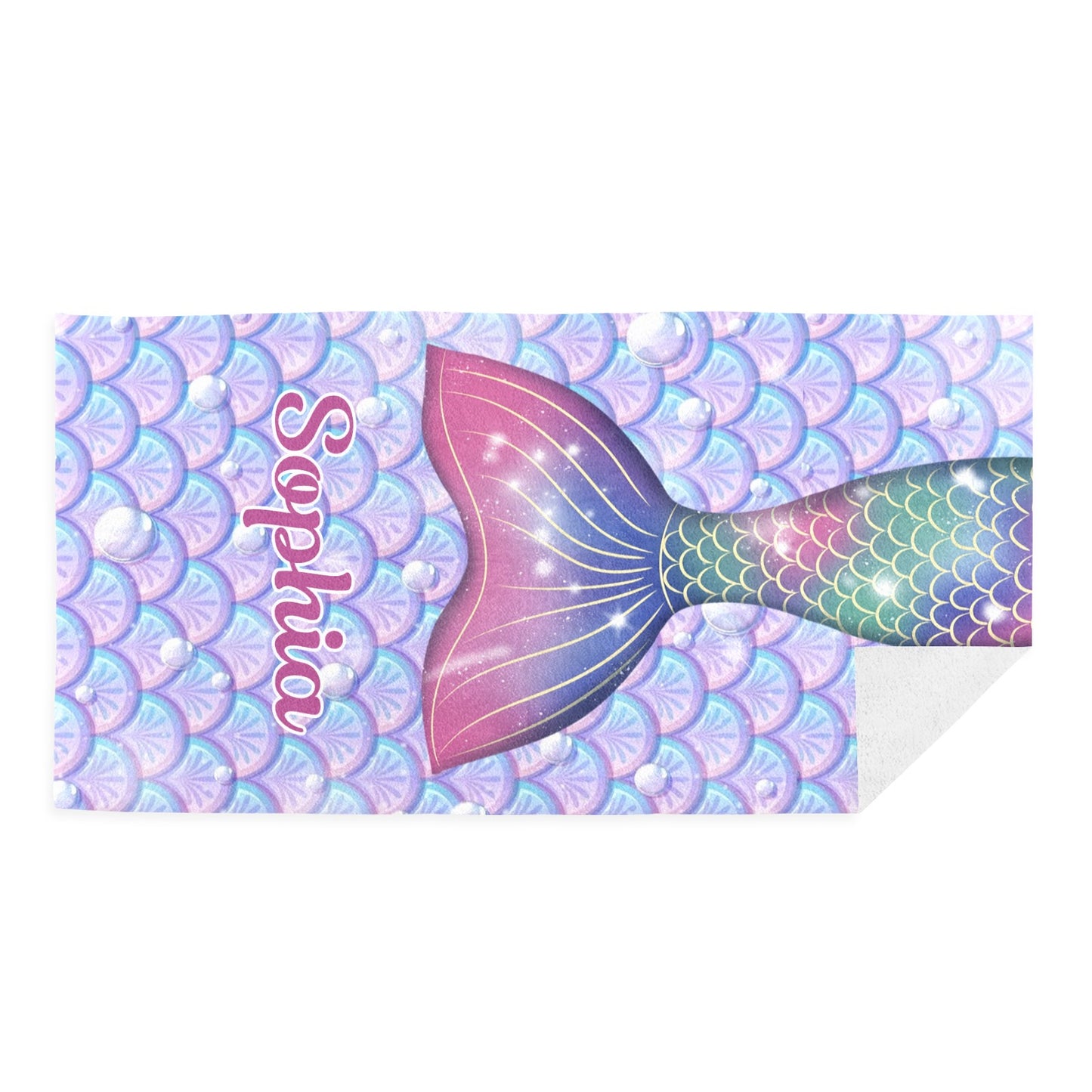 Cute Mermaid Tail Beach Towel Custom Cotton/Poly Blend Pool Towel - Blue - Personalize with Your Name - Standard Size