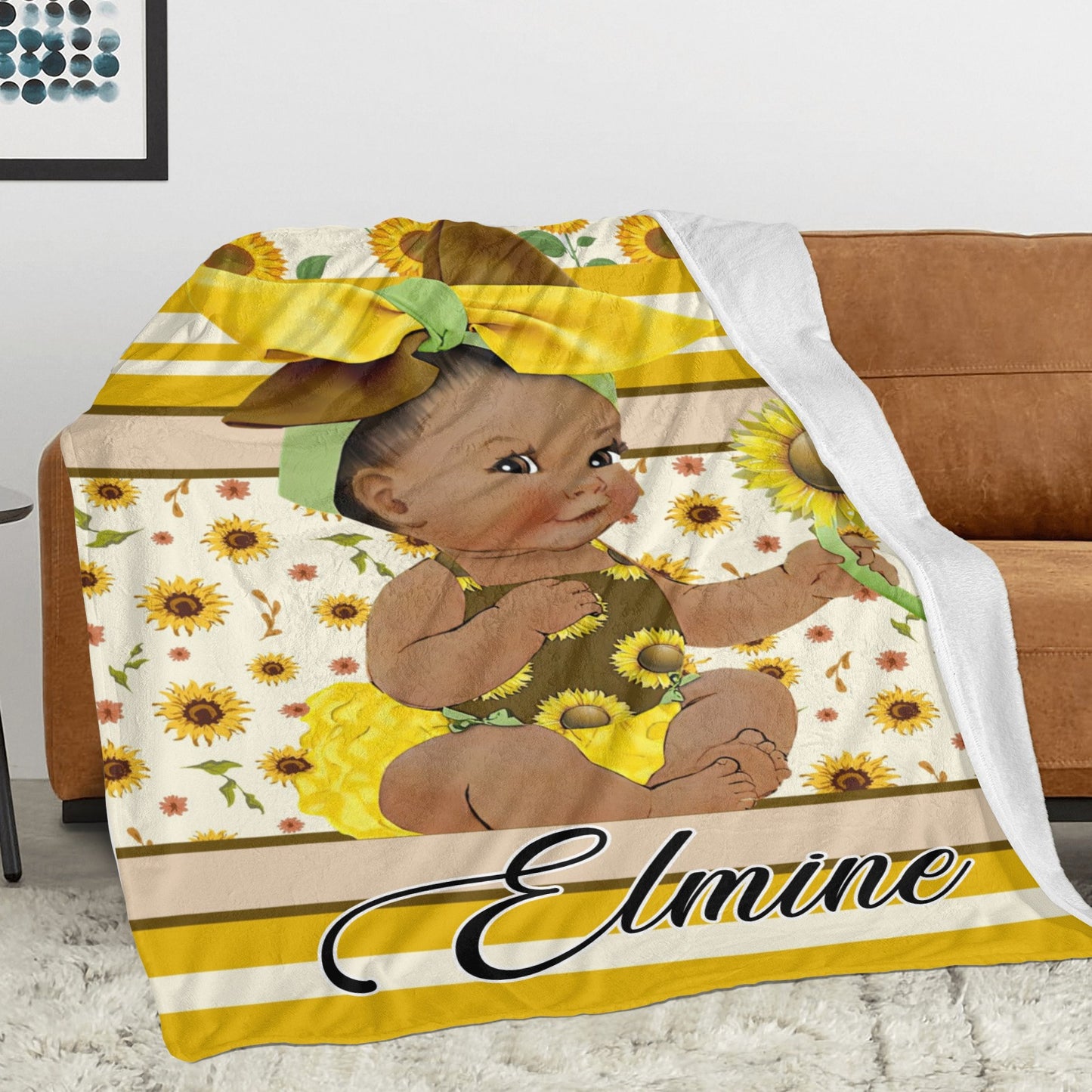 Sunflower Girl Flannel Blanket Custom Name Blanket Gift for Men Women