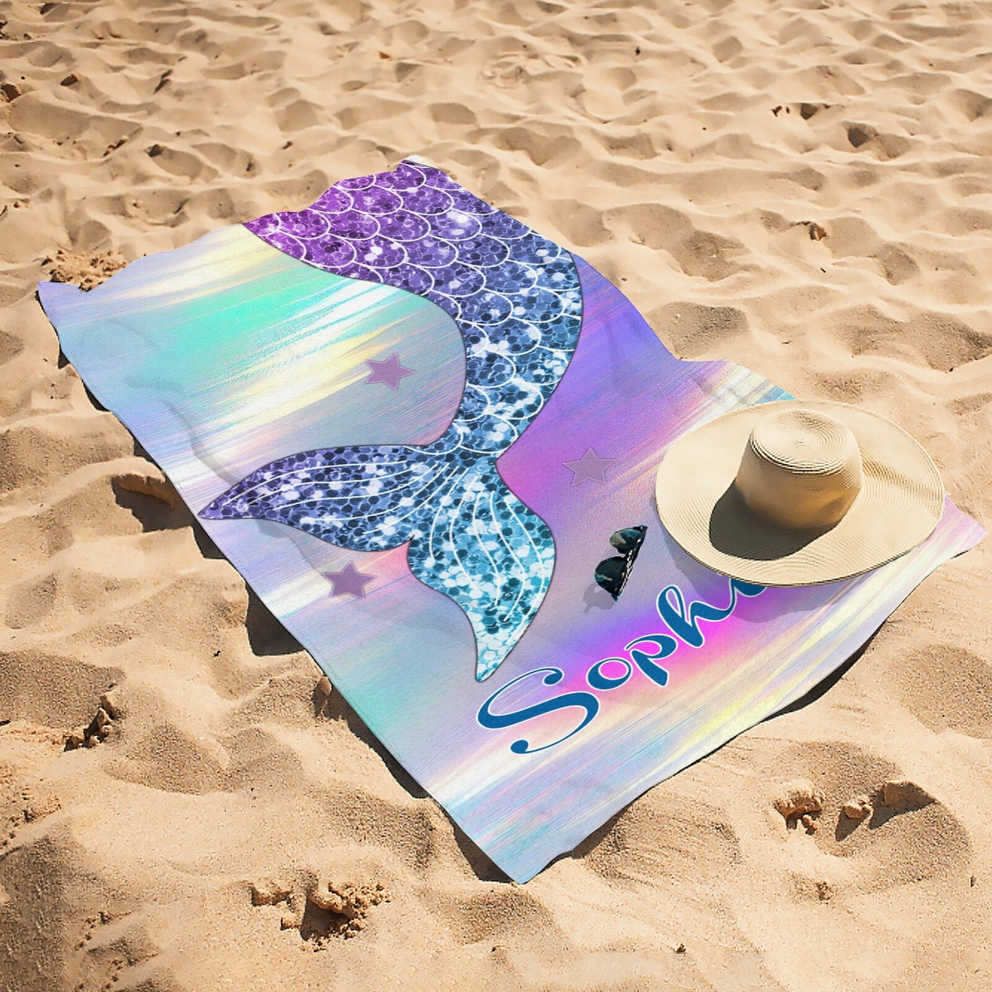 Mermaid Tail Beach Towel Custom Cotton/Poly Blend Pool Towel - Blue - Personalize with Your Name - Standard Size