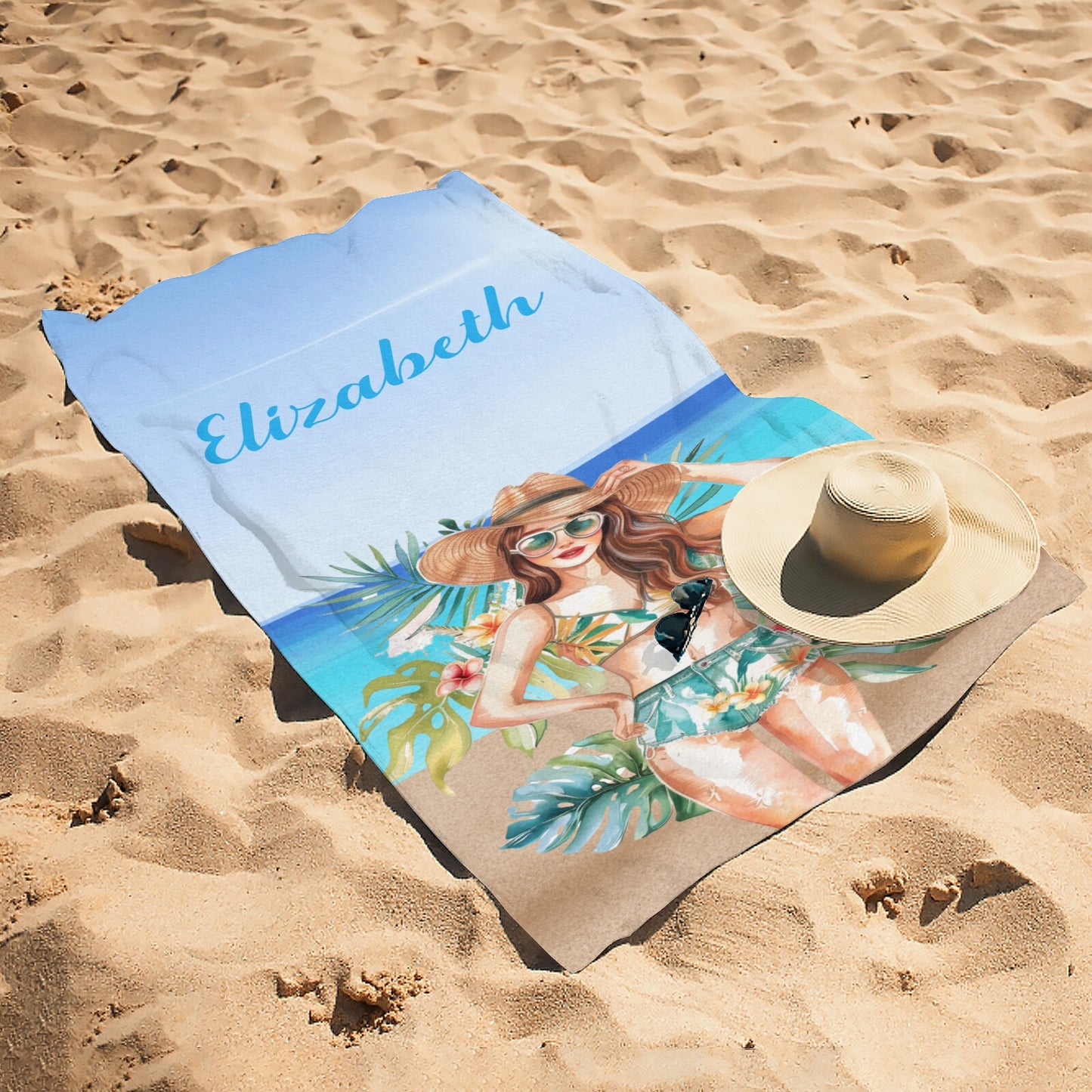 Beach Girl Beach Towel Custom Cotton/Poly Blend Pool Towel - Blue - Personalize with Your Name - Standard Size