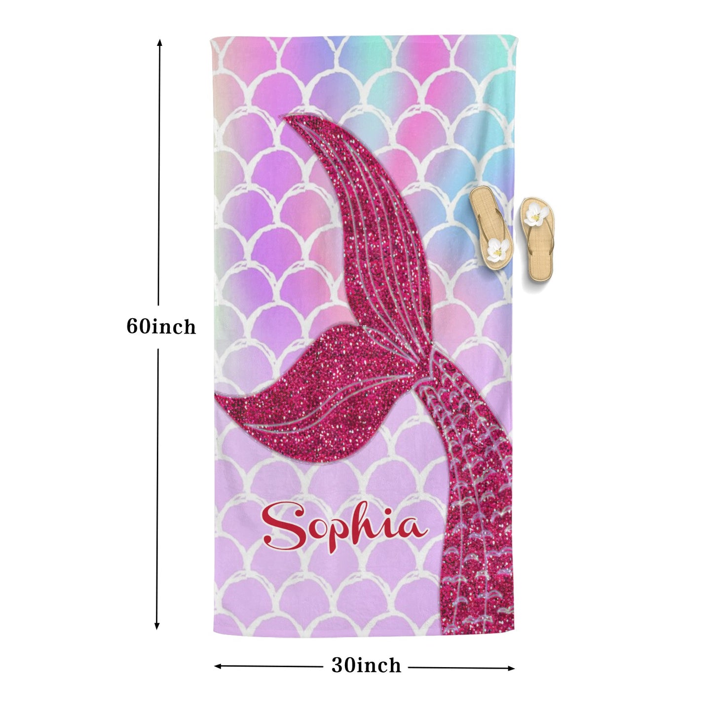 Red Mermaid Tail Beach Towel Custom Cotton/Poly Blend Pool Towel - Blue - Personalize with Your Name - Standard Size