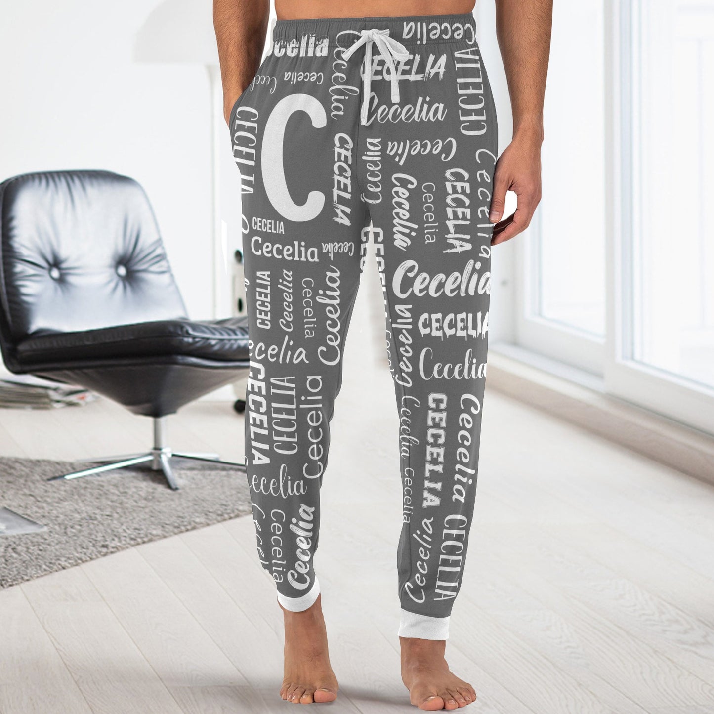 Monogram Grey Men S Pajama Pants Personalized Funny Sleepwear Pants Customized Pj Trousers Gifts for Him