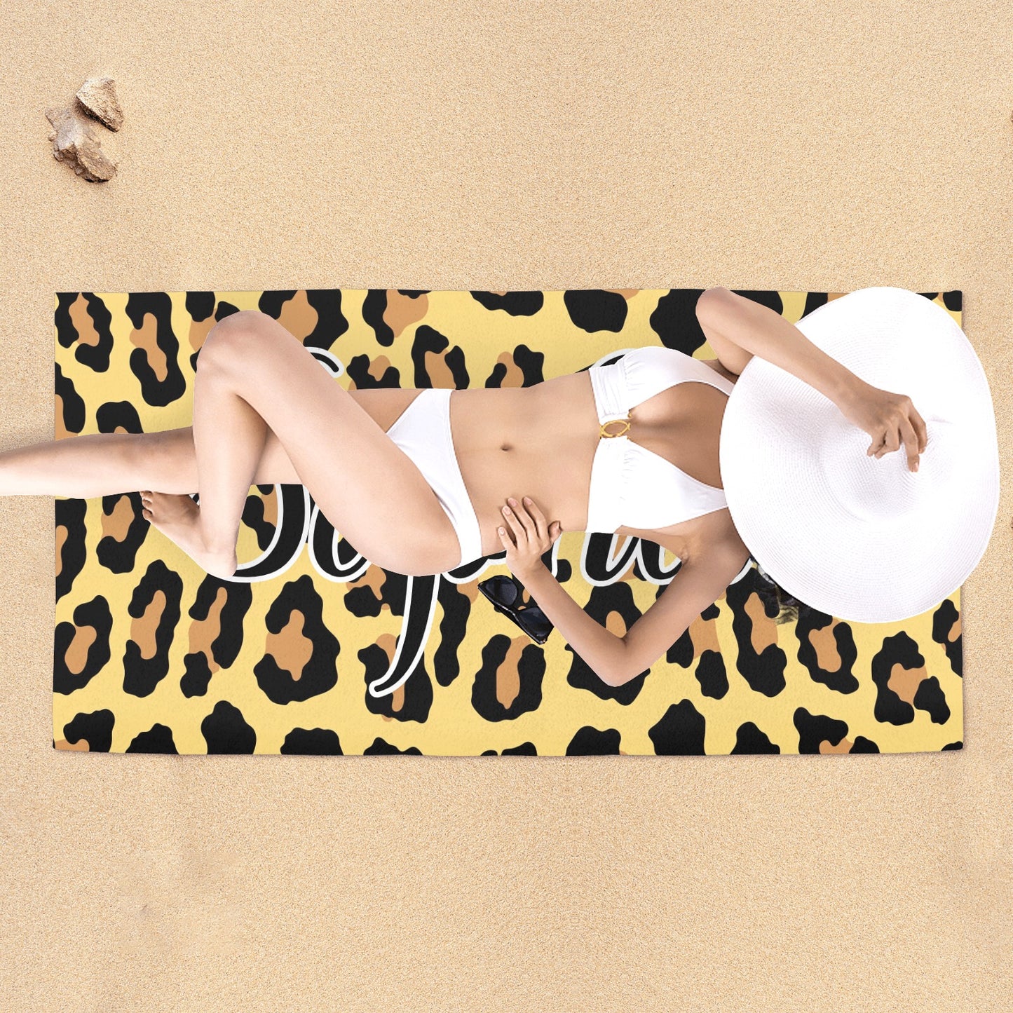 Leopard Print Yellow Beach Towel Custom Cotton/Poly Blend Pool Towel - Blue - Personalize with Your Name - Standard Size