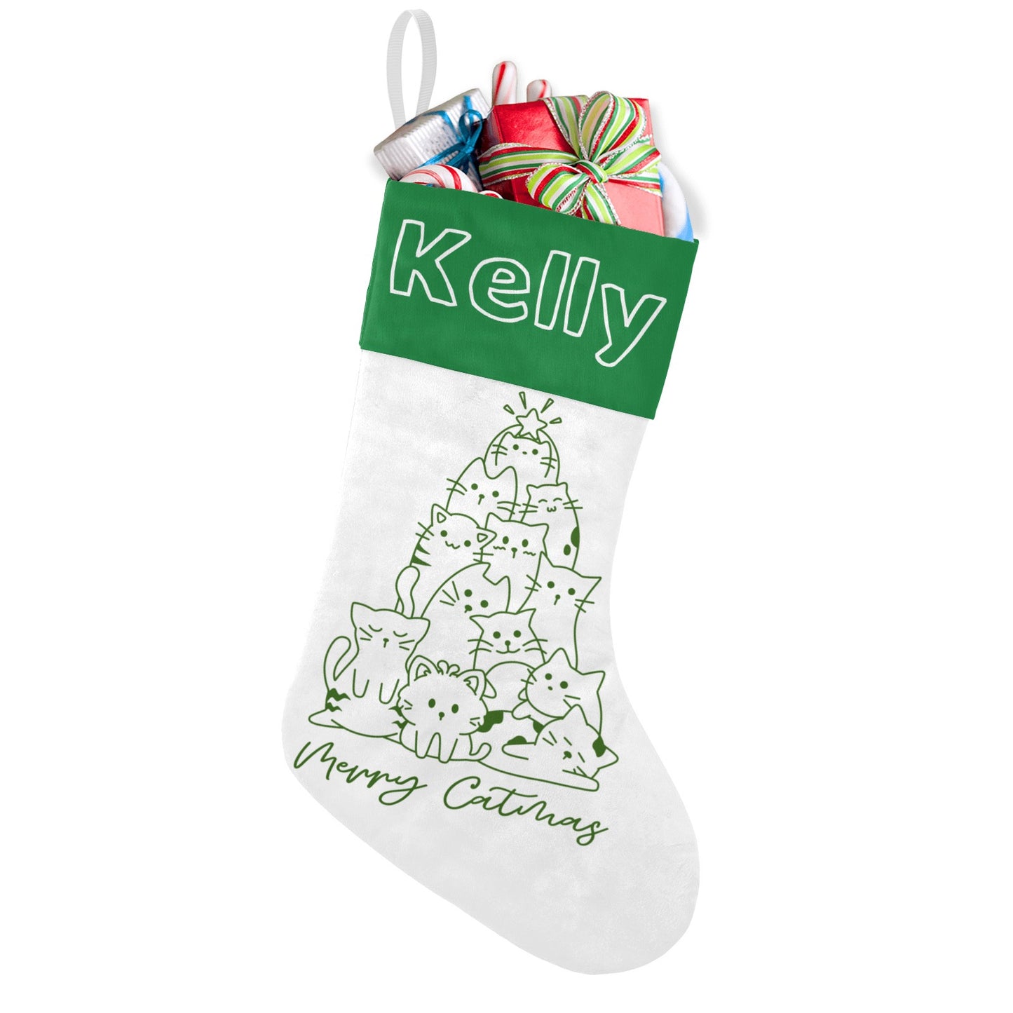 Green Cat Tree Christmas Stocking Custom Name Santa Socks Gift