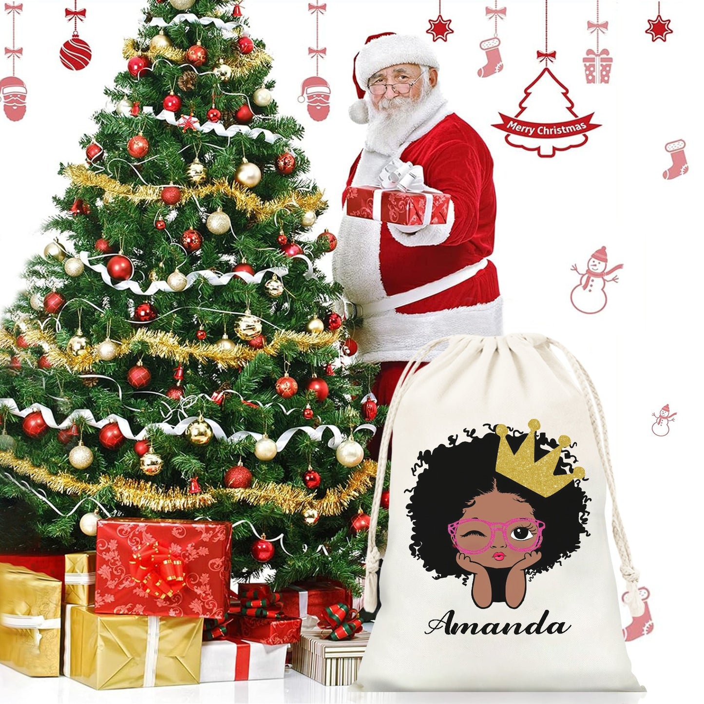 African Girl Christmas Gift Bag Custom Santa Gift Bags your Name