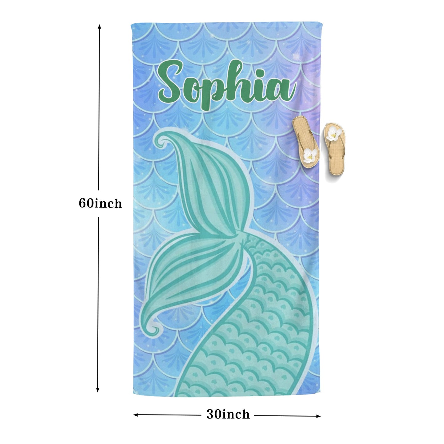 Mermaid Tail Green Beach Towel Custom Cotton/Poly Blend Pool Towel - Blue - Personalize with Your Name - Standard Size