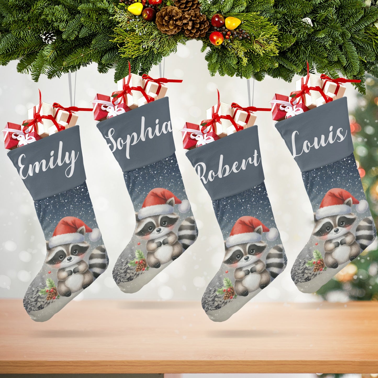 Raccoon Christmas Stocking Custom Name Christmas Socks Gift