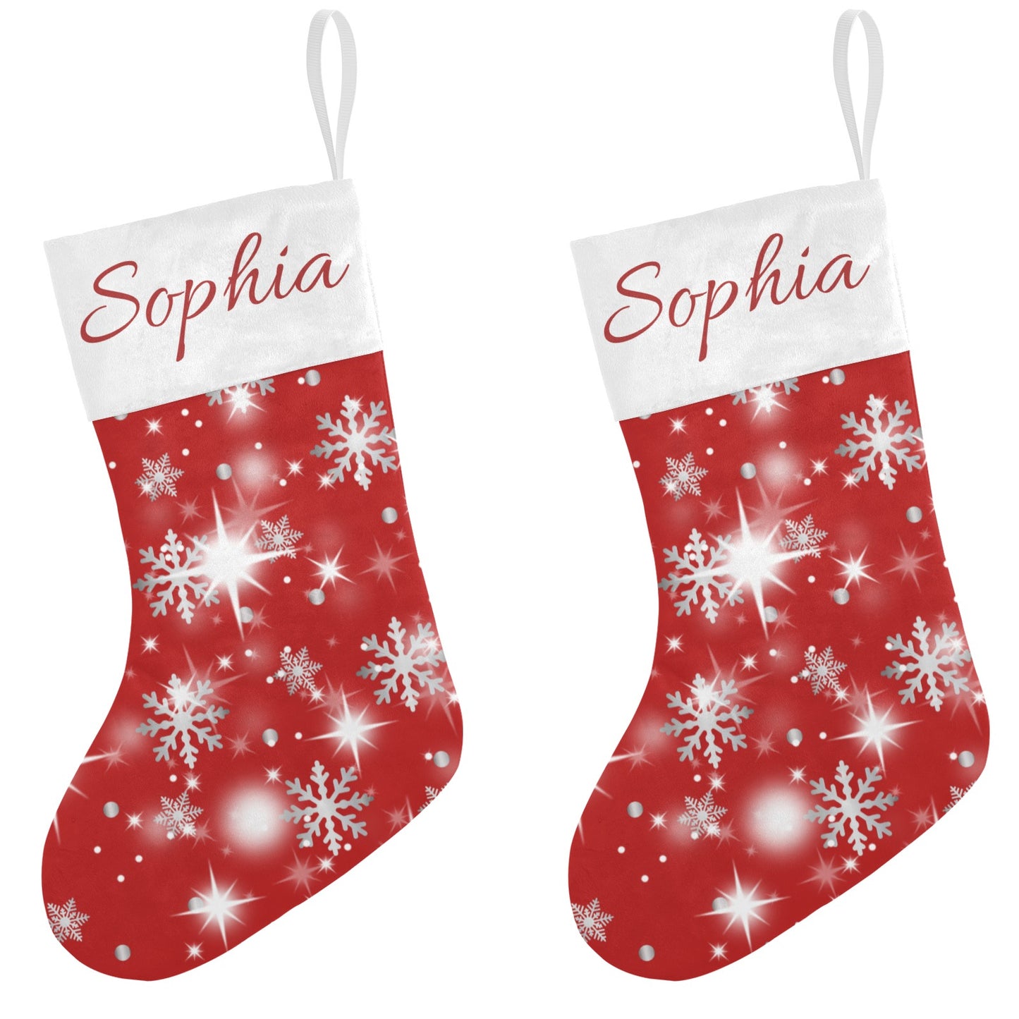 Snow flake red Christmas Stocking Custom Name Santa Socks Gift