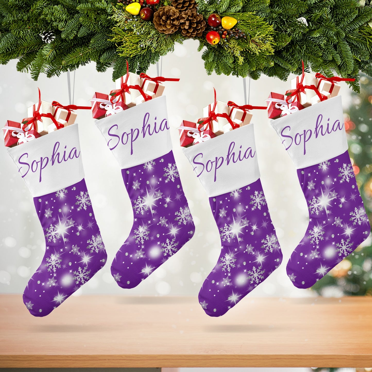 Snow flake purple Christmas Stocking Custom Name Santa Socks Gift