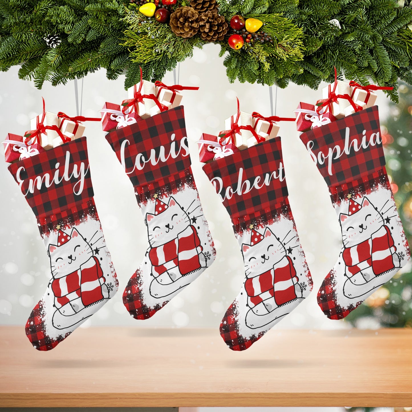 Buffalo Plaid Cat Christmas Stocking Custom Name Christmas Socks Gift