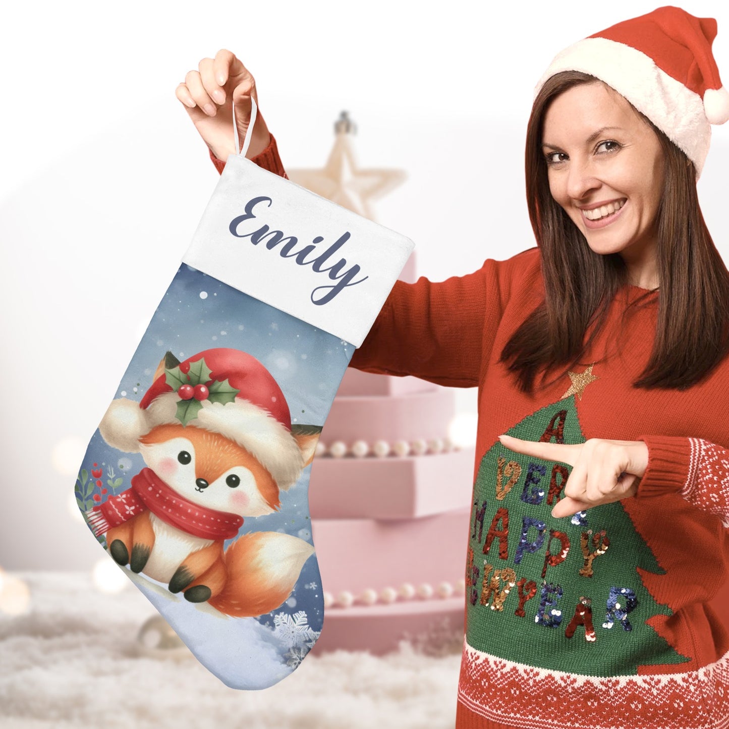 Cute Fox Christmas Stocking Custom Name Christmas Socks Gift
