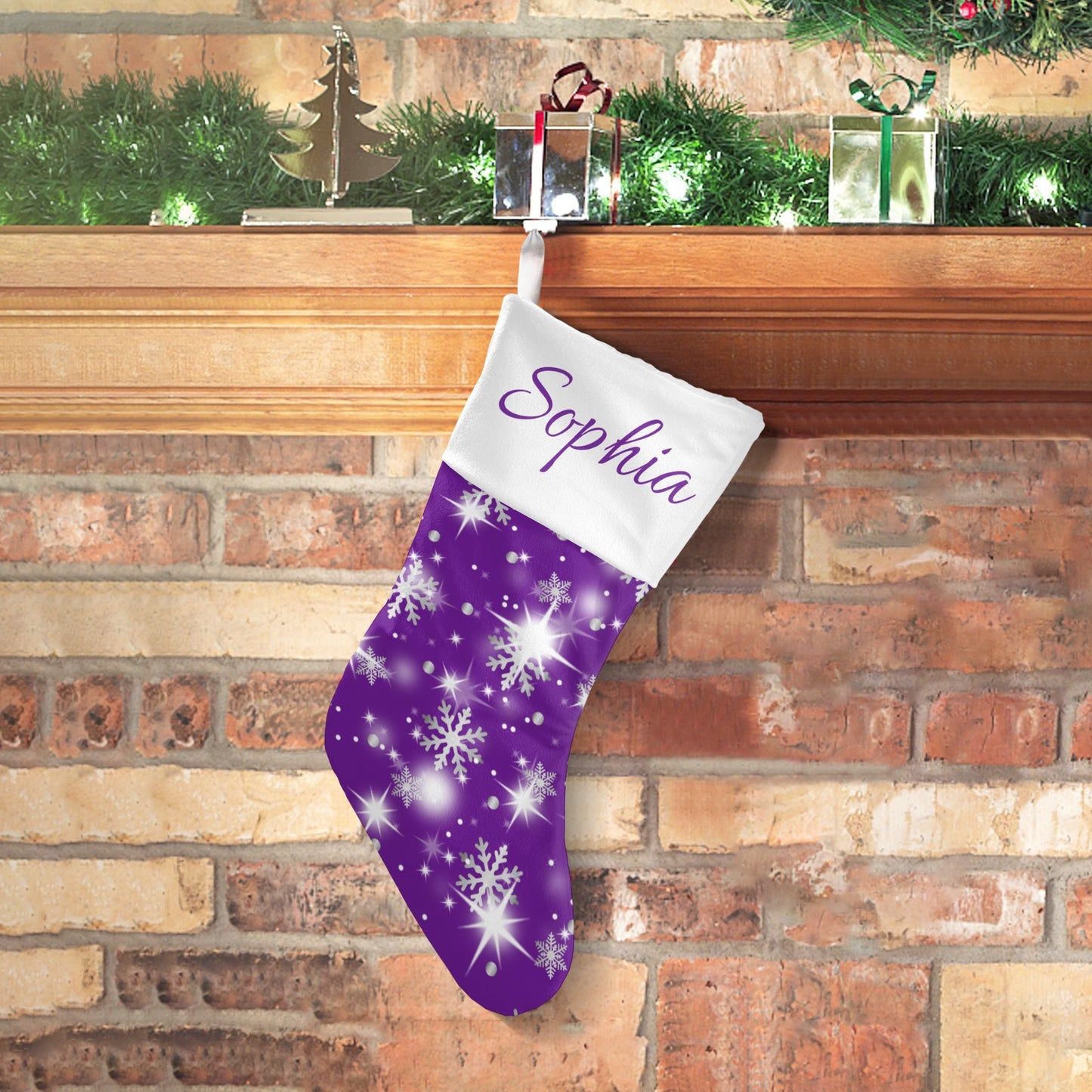 Snow flake purple Christmas Stocking Custom Name Santa Socks Gift
