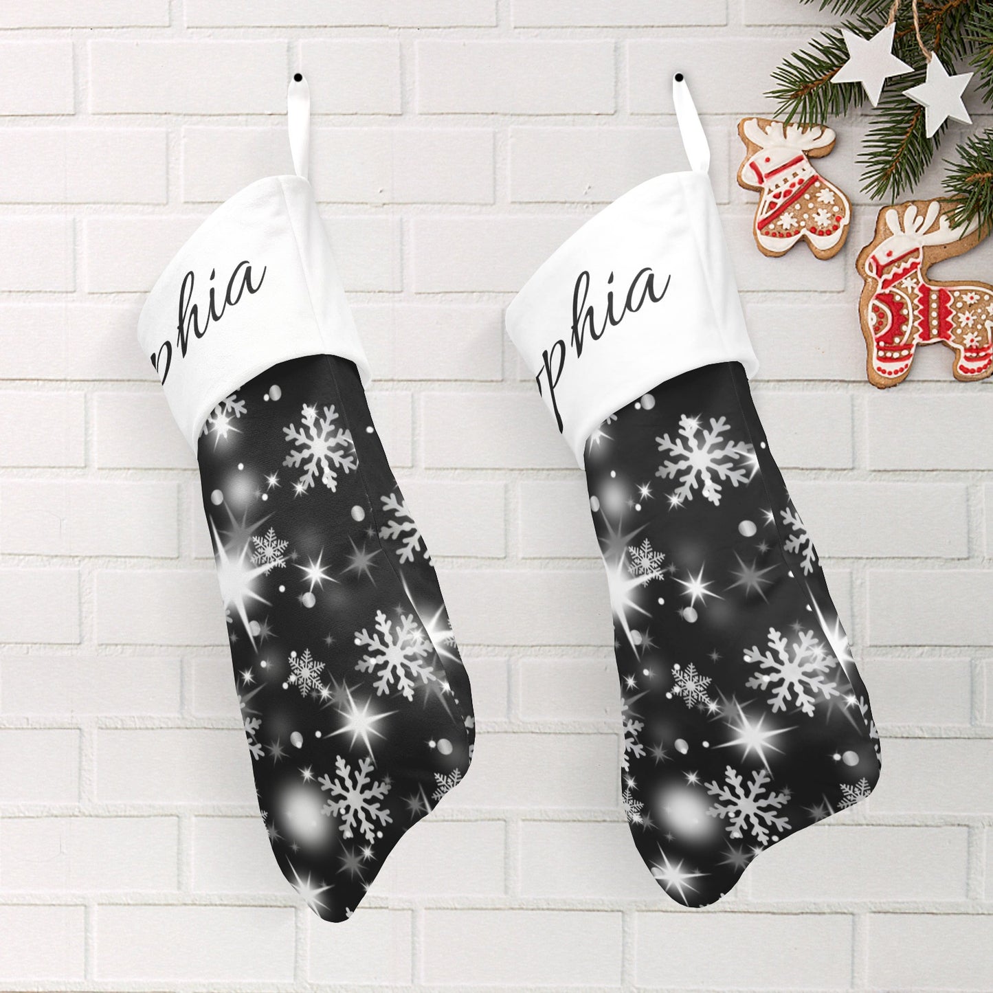 Snow flake black Christmas Stocking Custom Name Santa Socks Gift