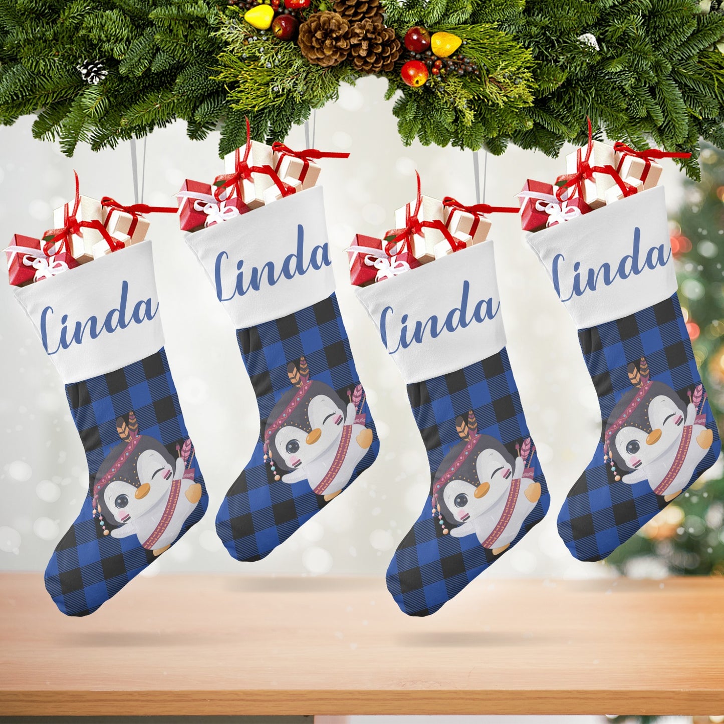 Blue Buffalo Penguin Christmas Stocking Custom Name Christmas Socks Gift