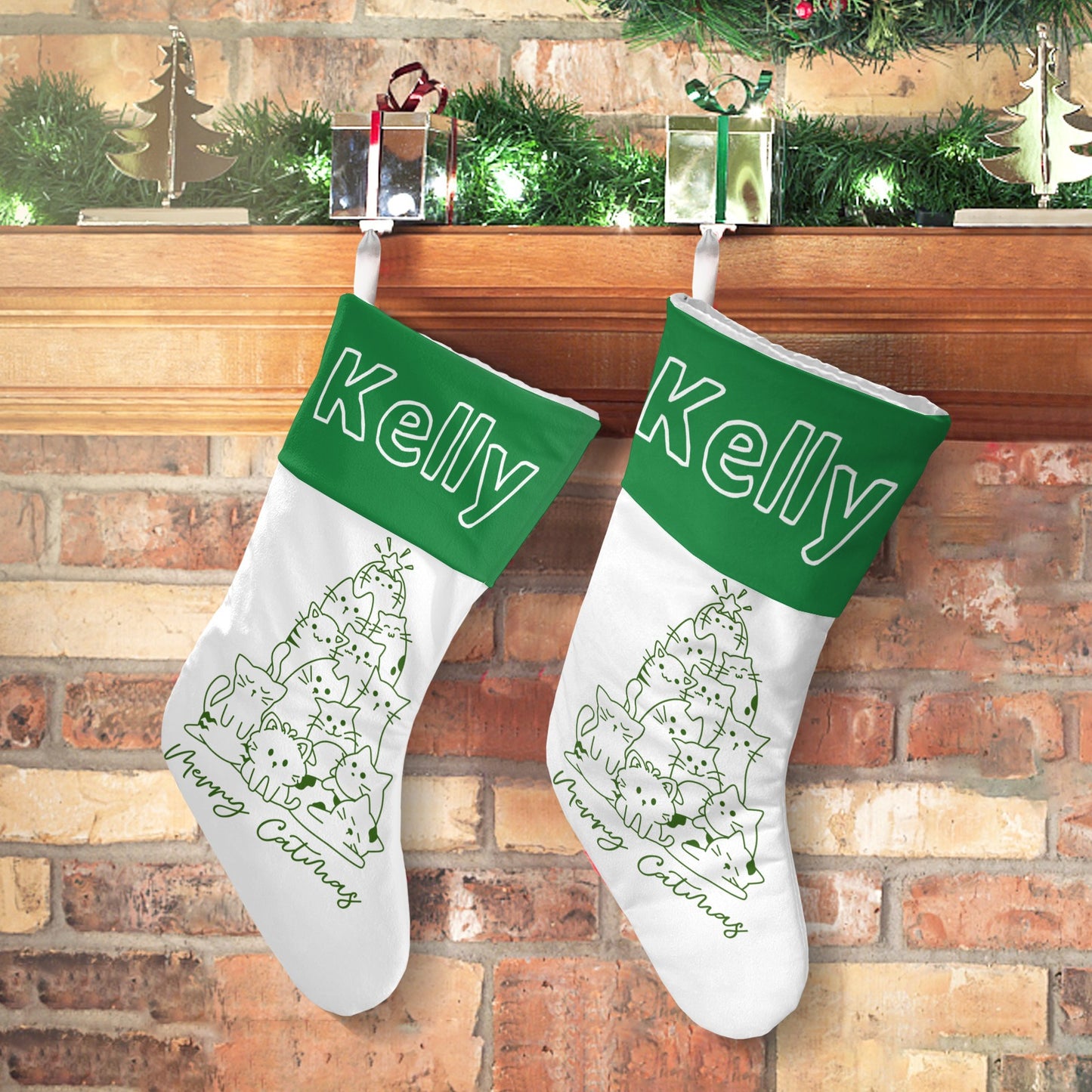 Green Cat Tree Christmas Stocking Custom Name Santa Socks Gift