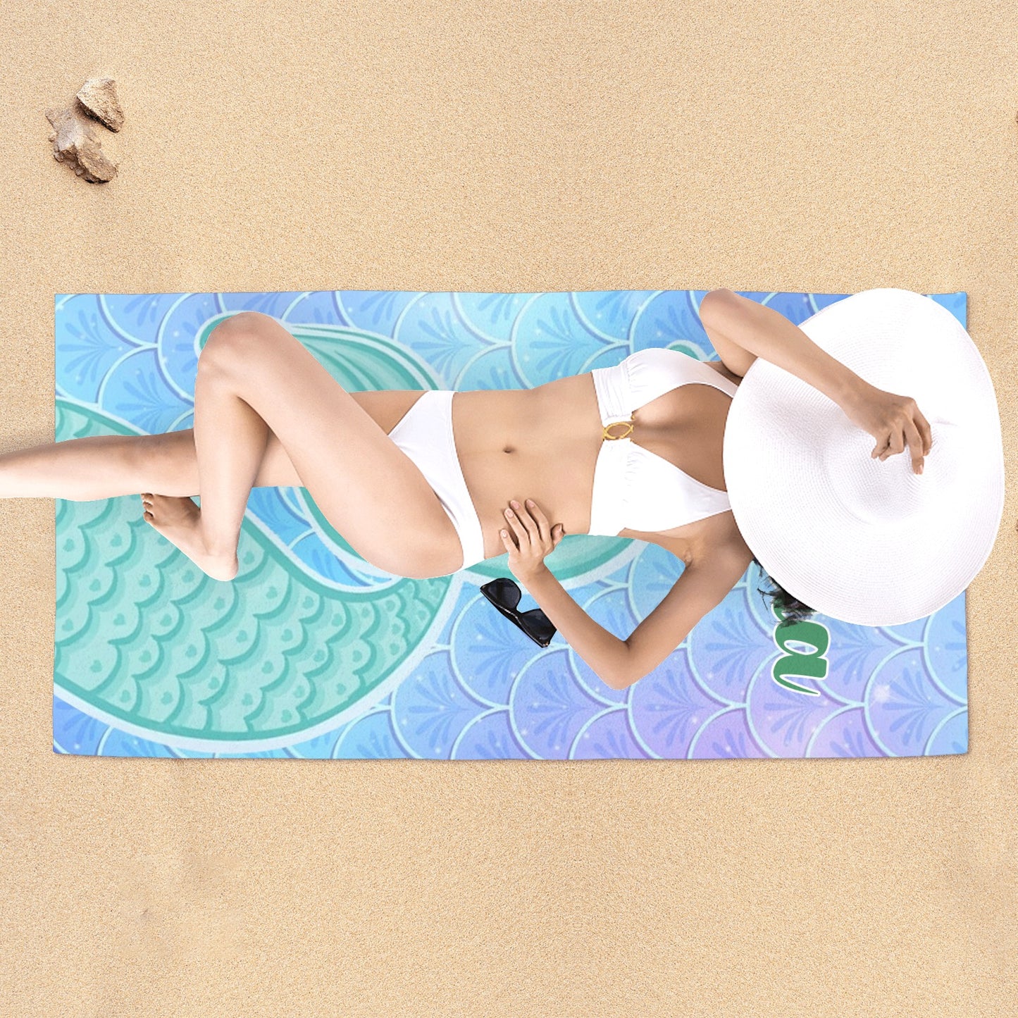 Mermaid Tail Green Beach Towel Custom Cotton/Poly Blend Pool Towel - Blue - Personalize with Your Name - Standard Size