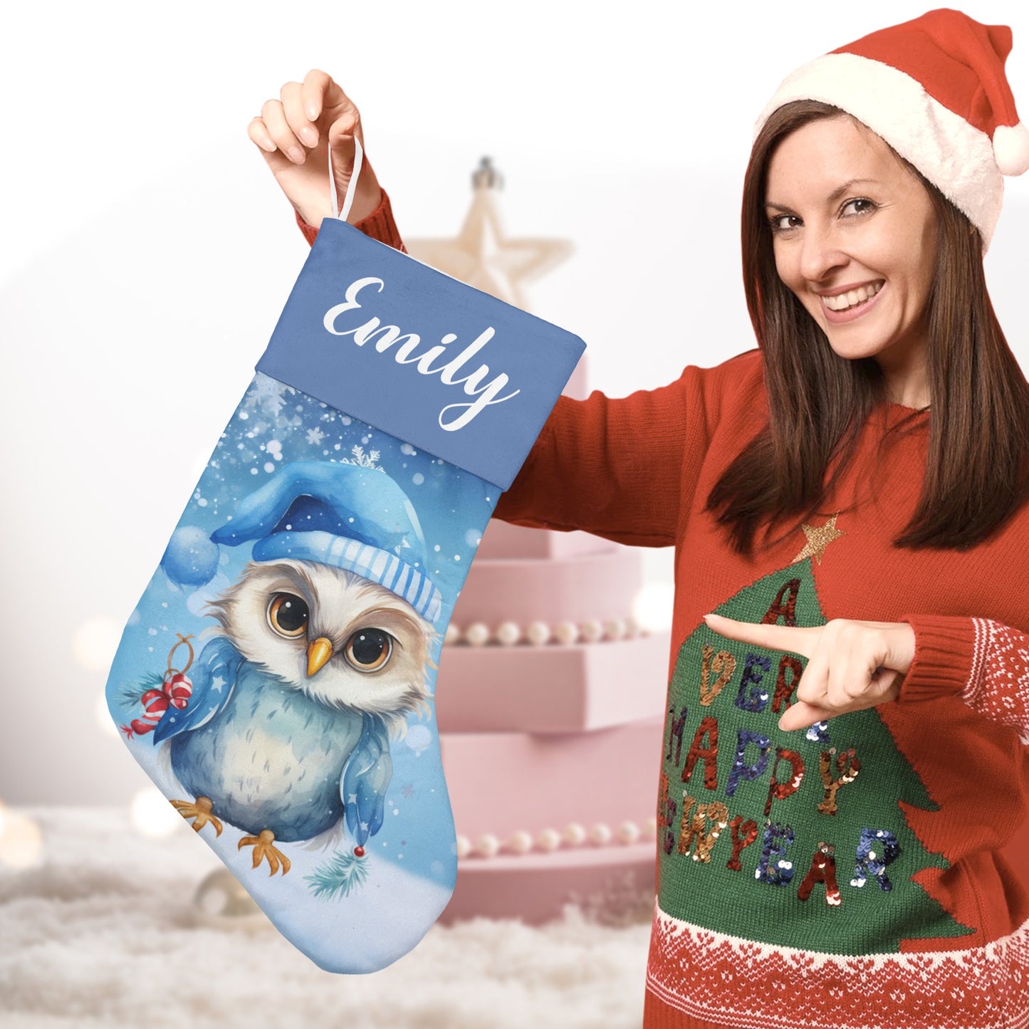 Owl Blue Christmas Stocking Custom Name Christmas Socks Gift