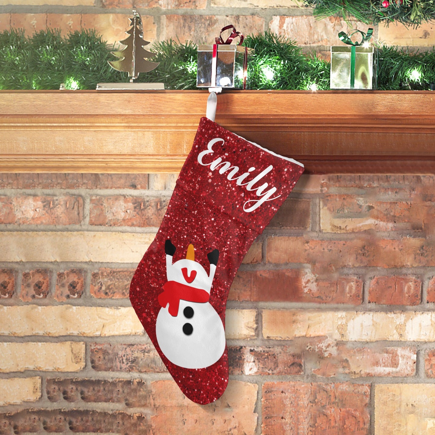 Red Glitter Snowman Christmas Stocking Custom Name Christmas Socks Gift