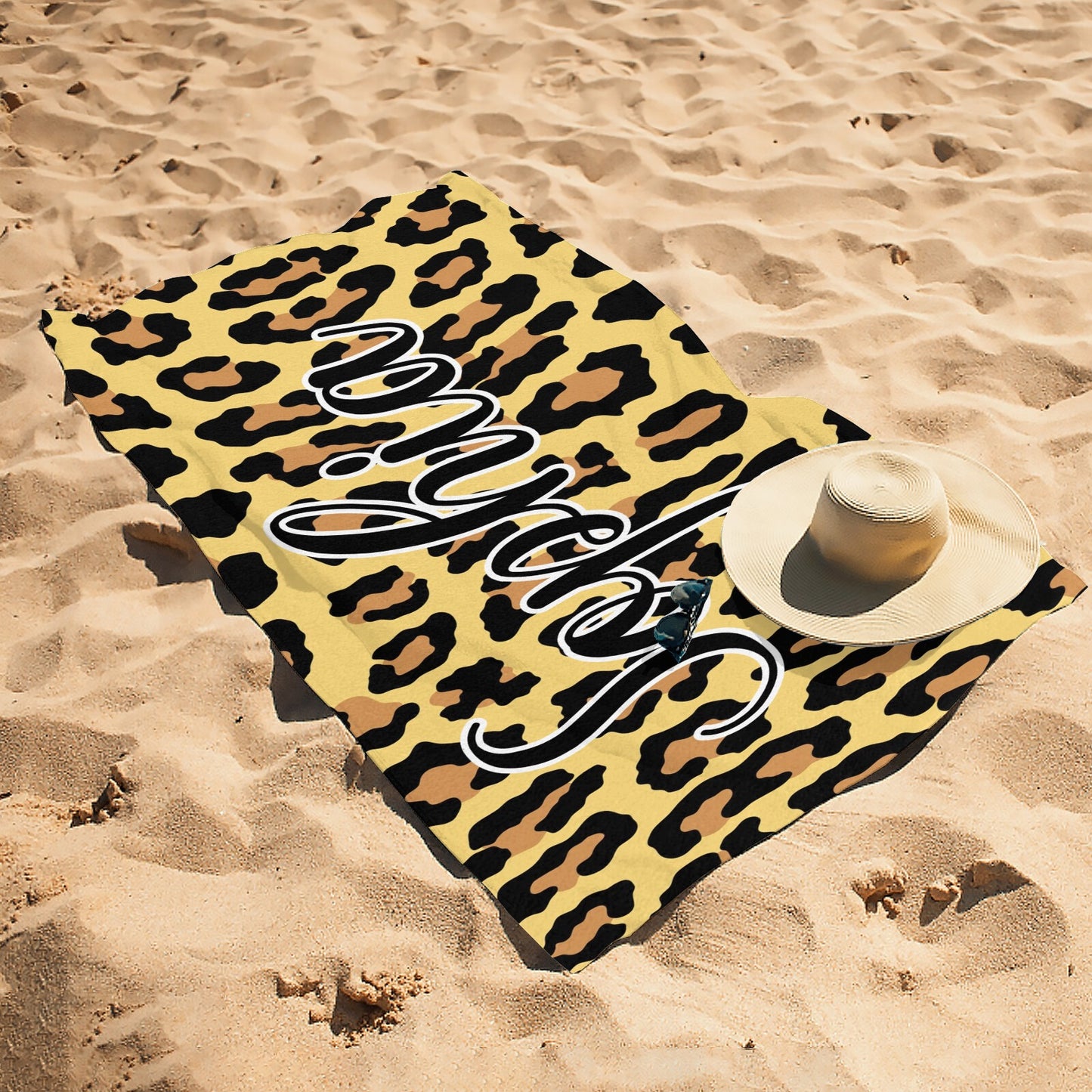 Leopard Print Yellow Beach Towel Custom Cotton/Poly Blend Pool Towel - Blue - Personalize with Your Name - Standard Size