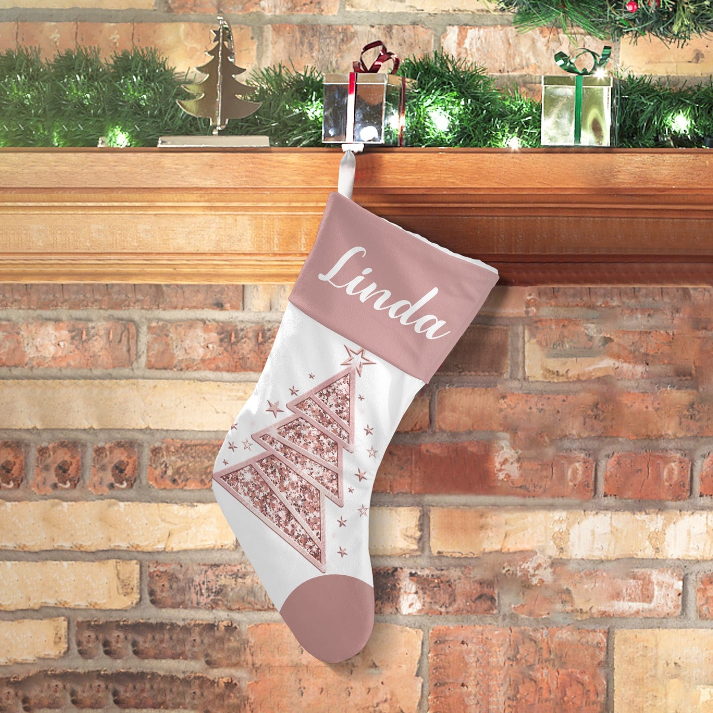 Christmas Tree Rose Gold Christmas Stocking Custom Name Christmas Socks Gift