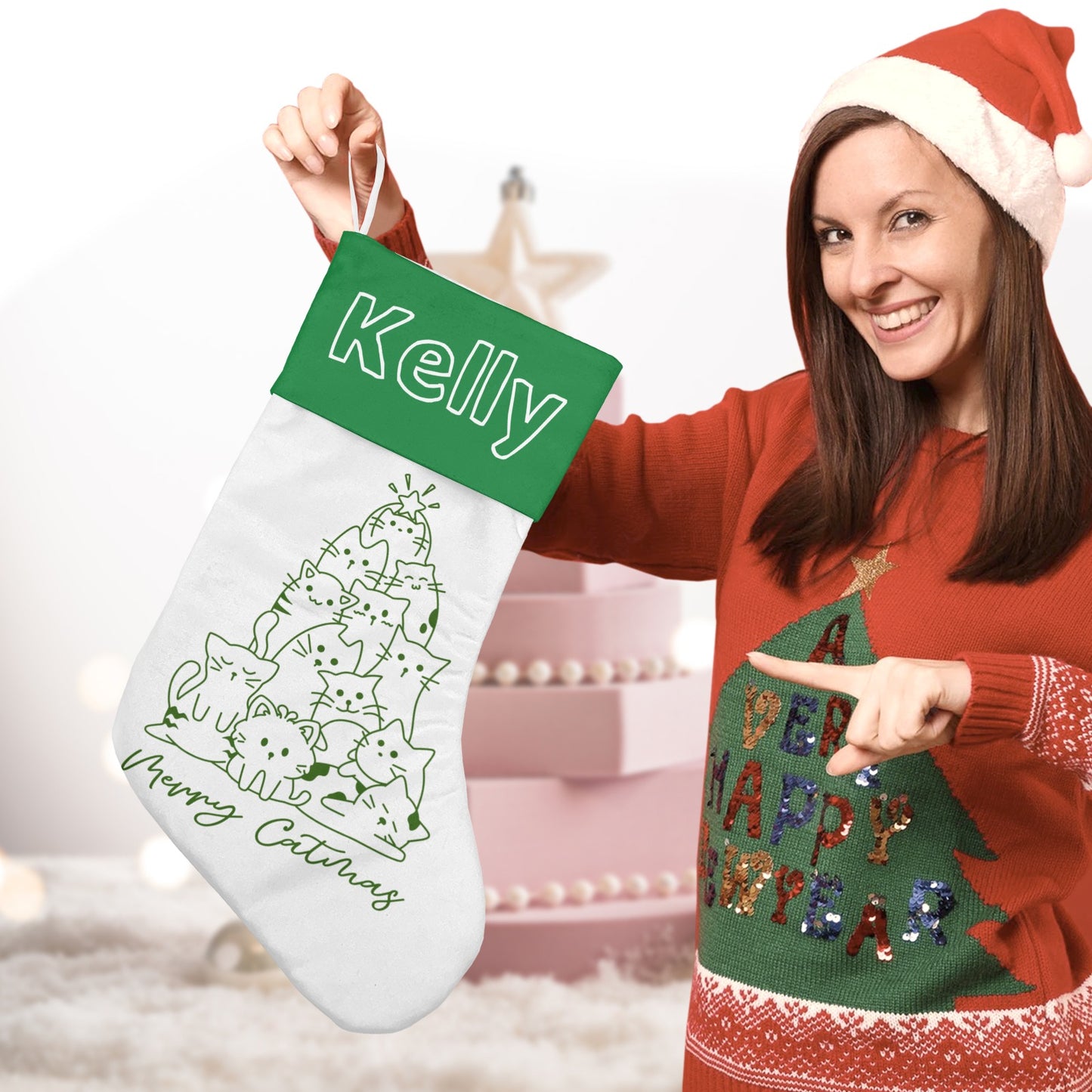 Green Cat Tree Christmas Stocking Custom Name Santa Socks Gift
