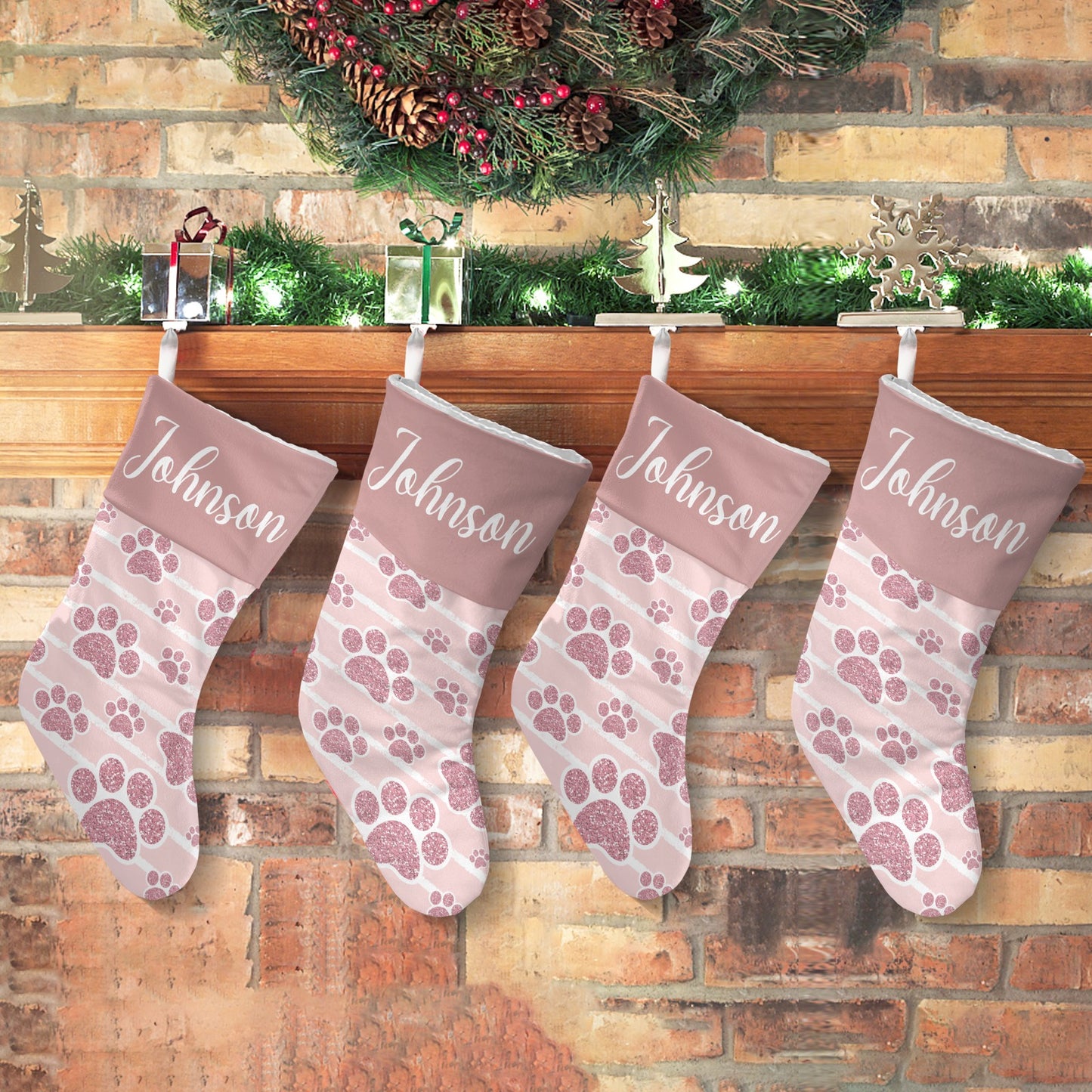 Pink Dog Paw Christmas Stocking Custom Name Christmas Socks Gift