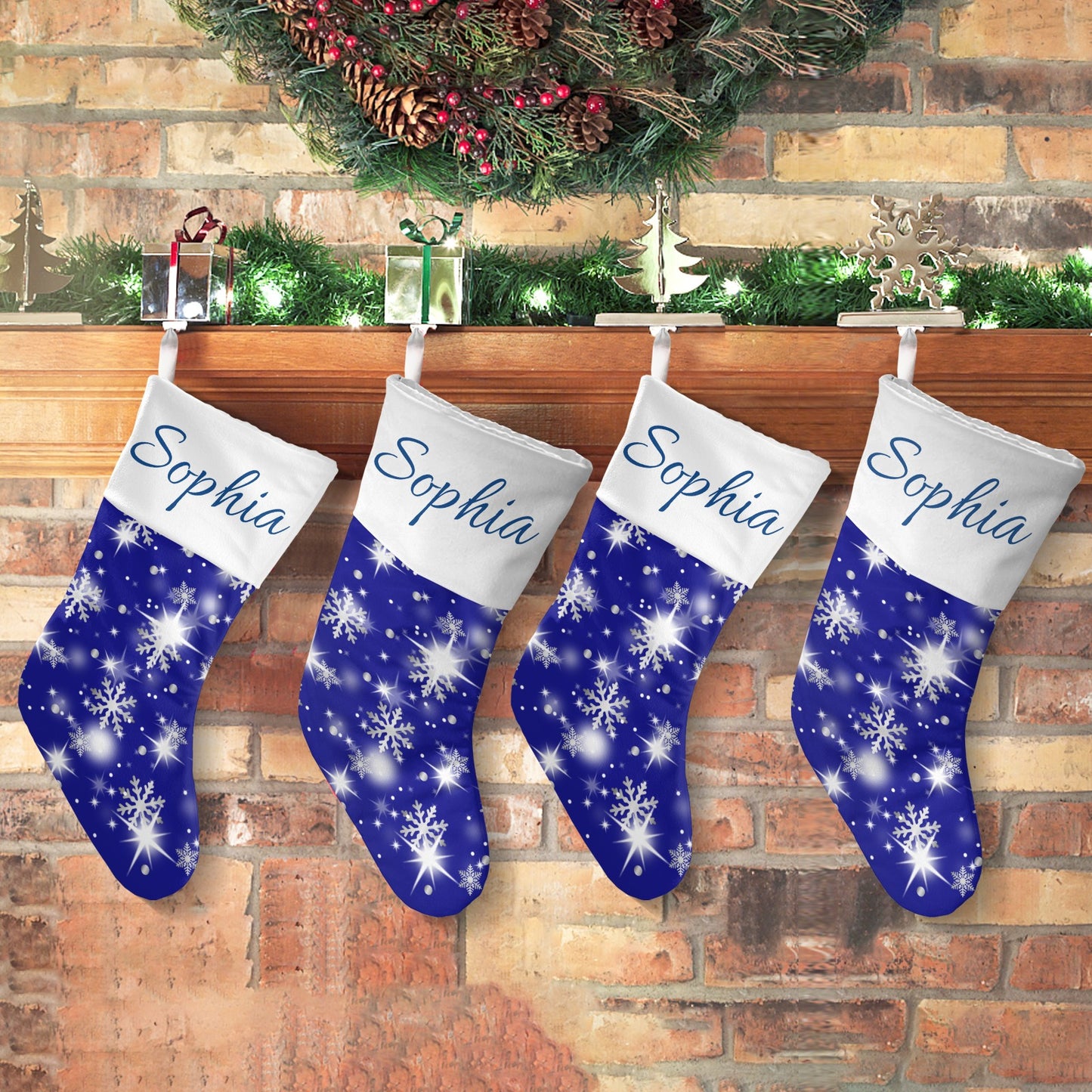 Snow flake blue Christmas Stocking Custom Name Santa Socks Gift