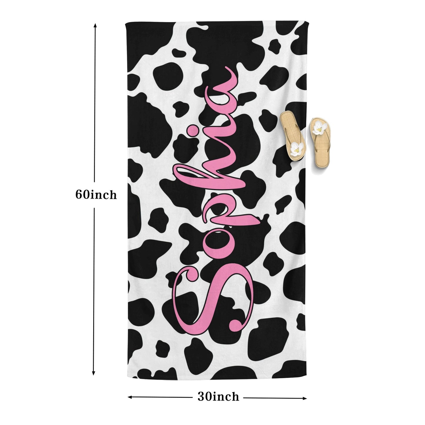 Cow Print Beach Towel Custom Cotton/Poly Blend Pool Towel - Blue - Personalize with Your Name - Standard Size