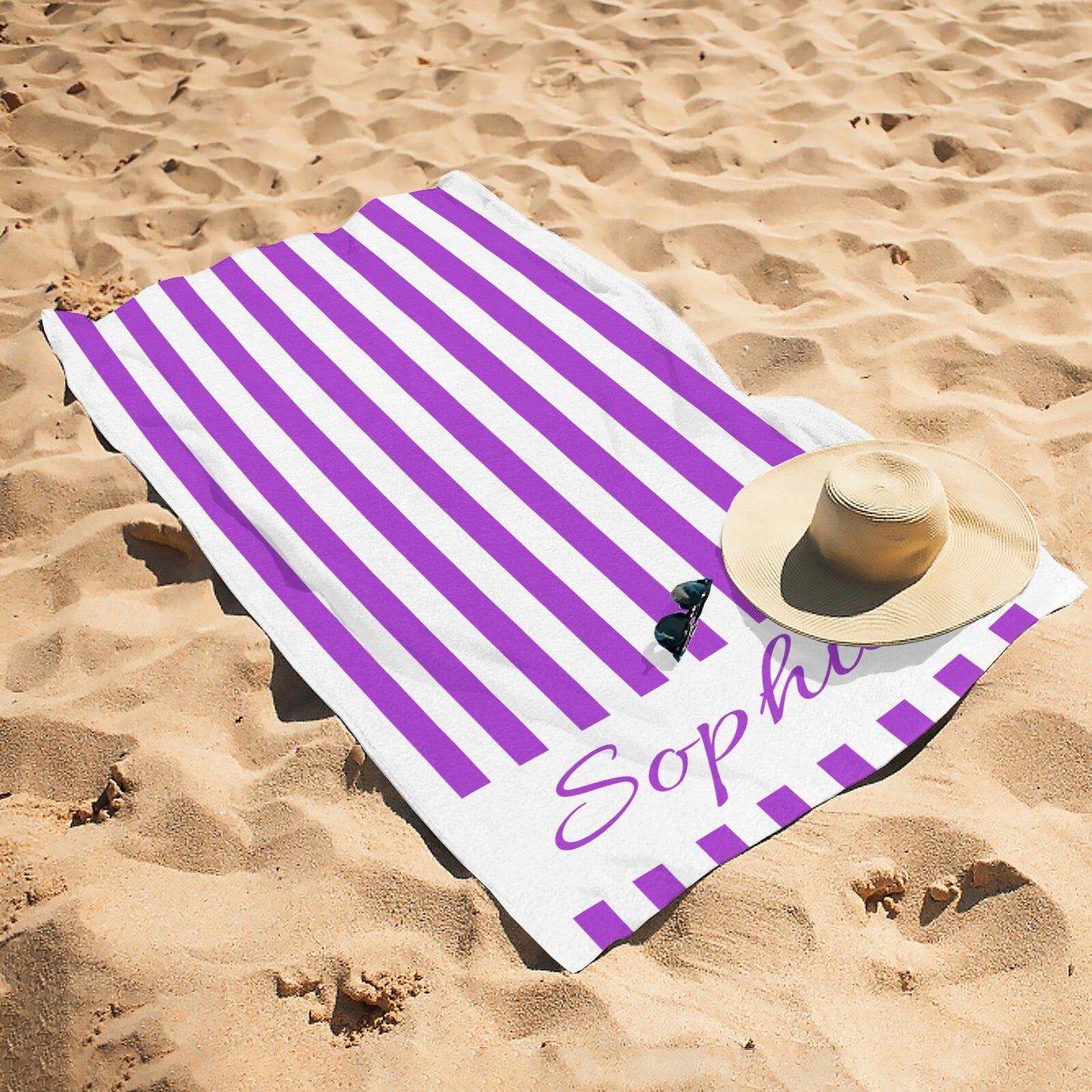 Purple Stripe Beach Towel Custom Cotton/Poly Blend Pool Towel - Blue - Personalize with Your Name - Standard Size