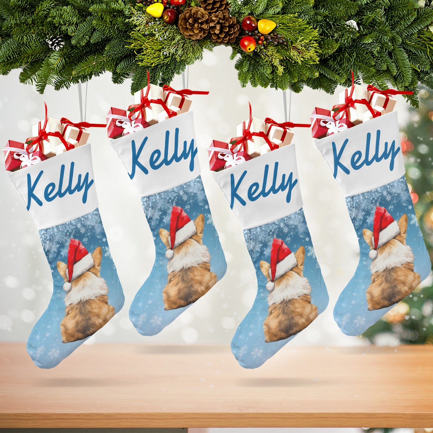 Dog Sky Blue Christmas Hat Christmas Stocking Custom Name Santa Socks Gift
