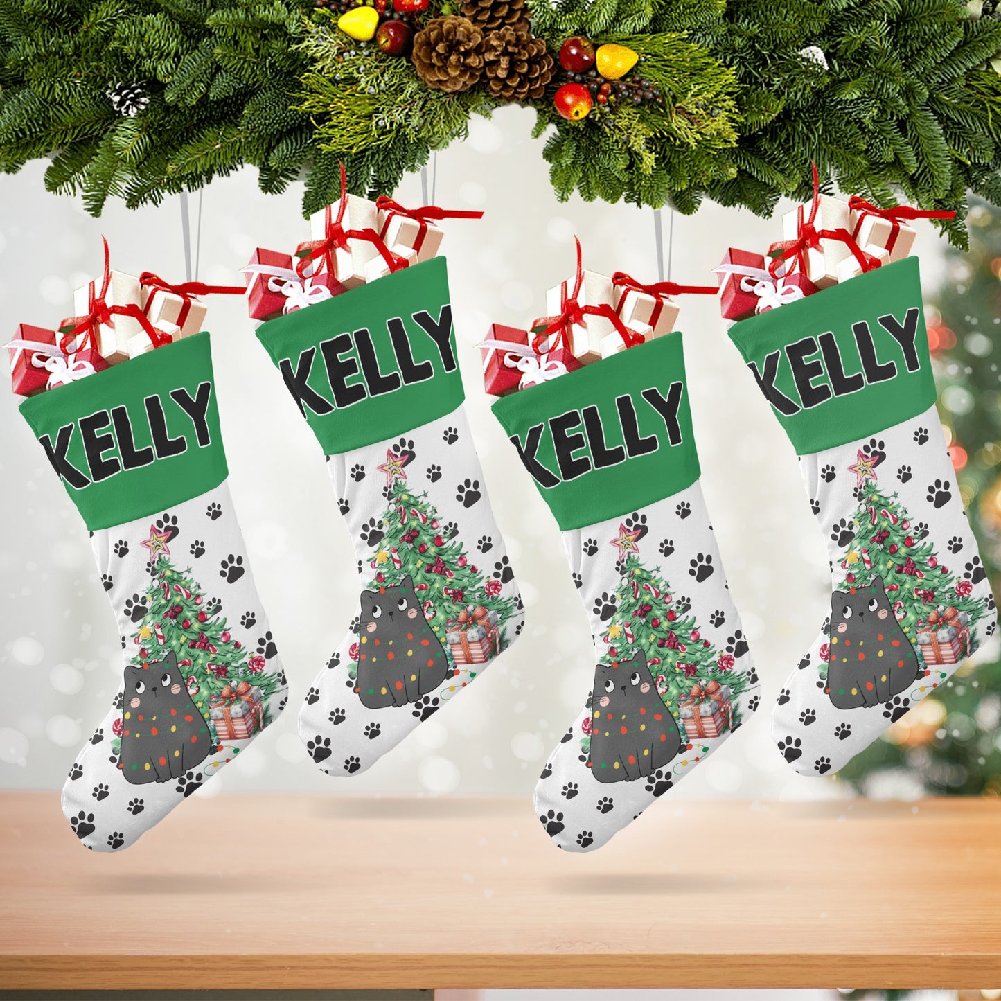 Black Cat Christmas Stocking Custom Name Santa Socks Gift