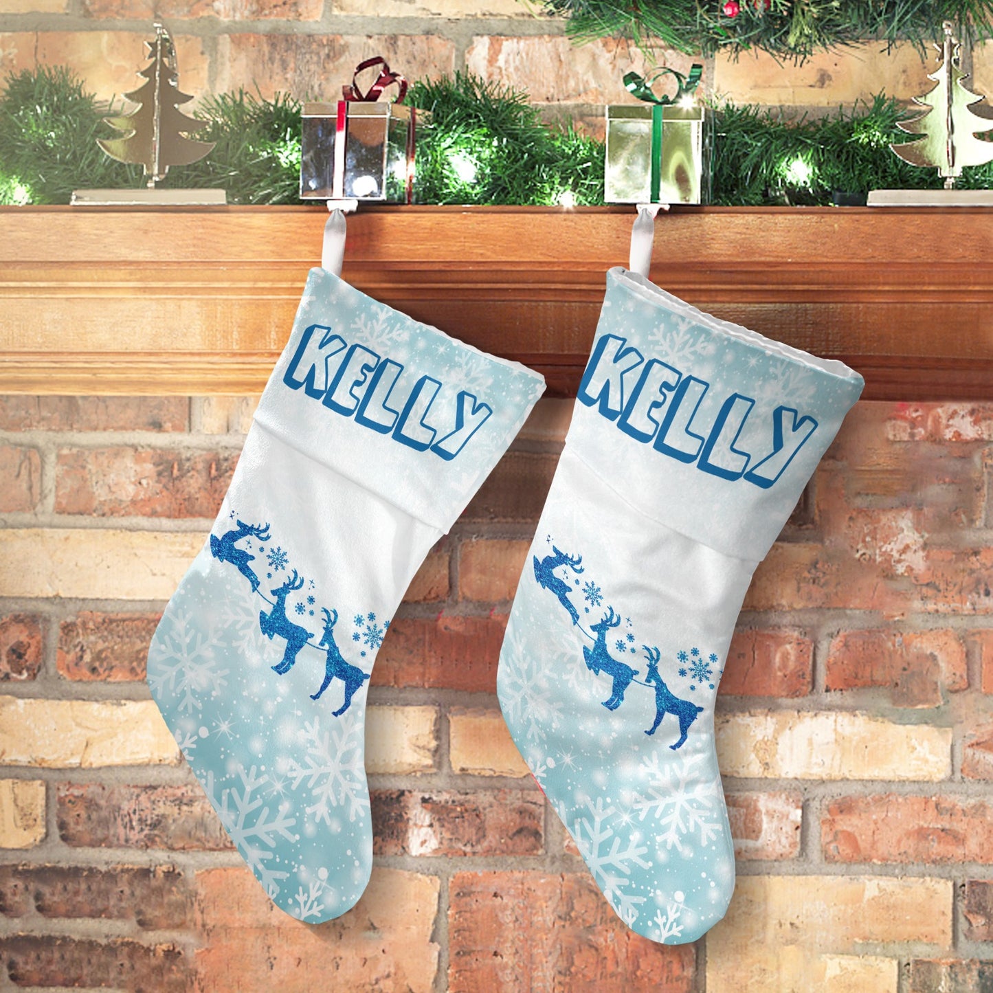 Blue Snowflake Reindeer Christmas Stocking Custom Name Santa Socks Gift