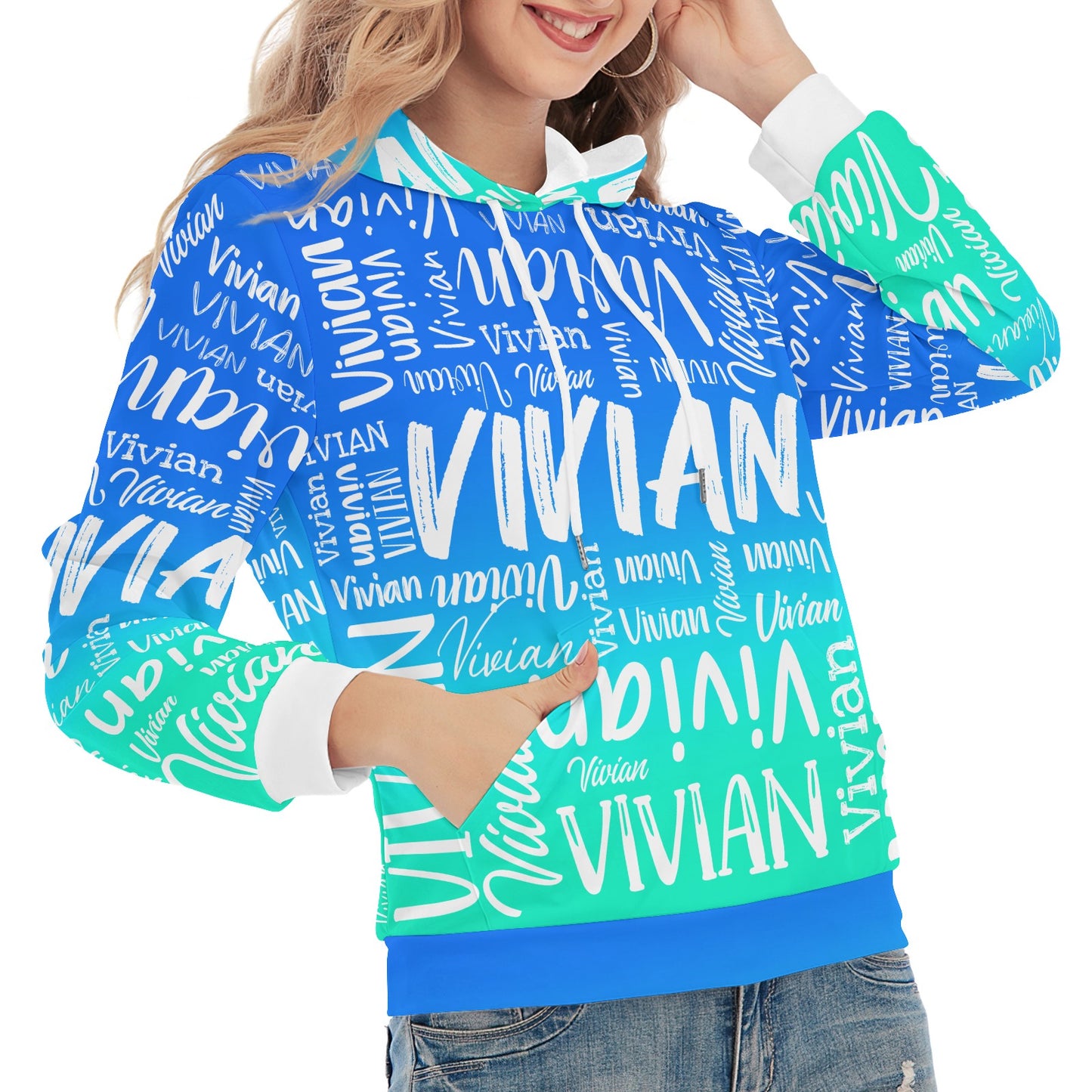Blue Green Unisex Heavy Blend Hoodie Customized Hooded Sweatshirt with Name Women and Girl