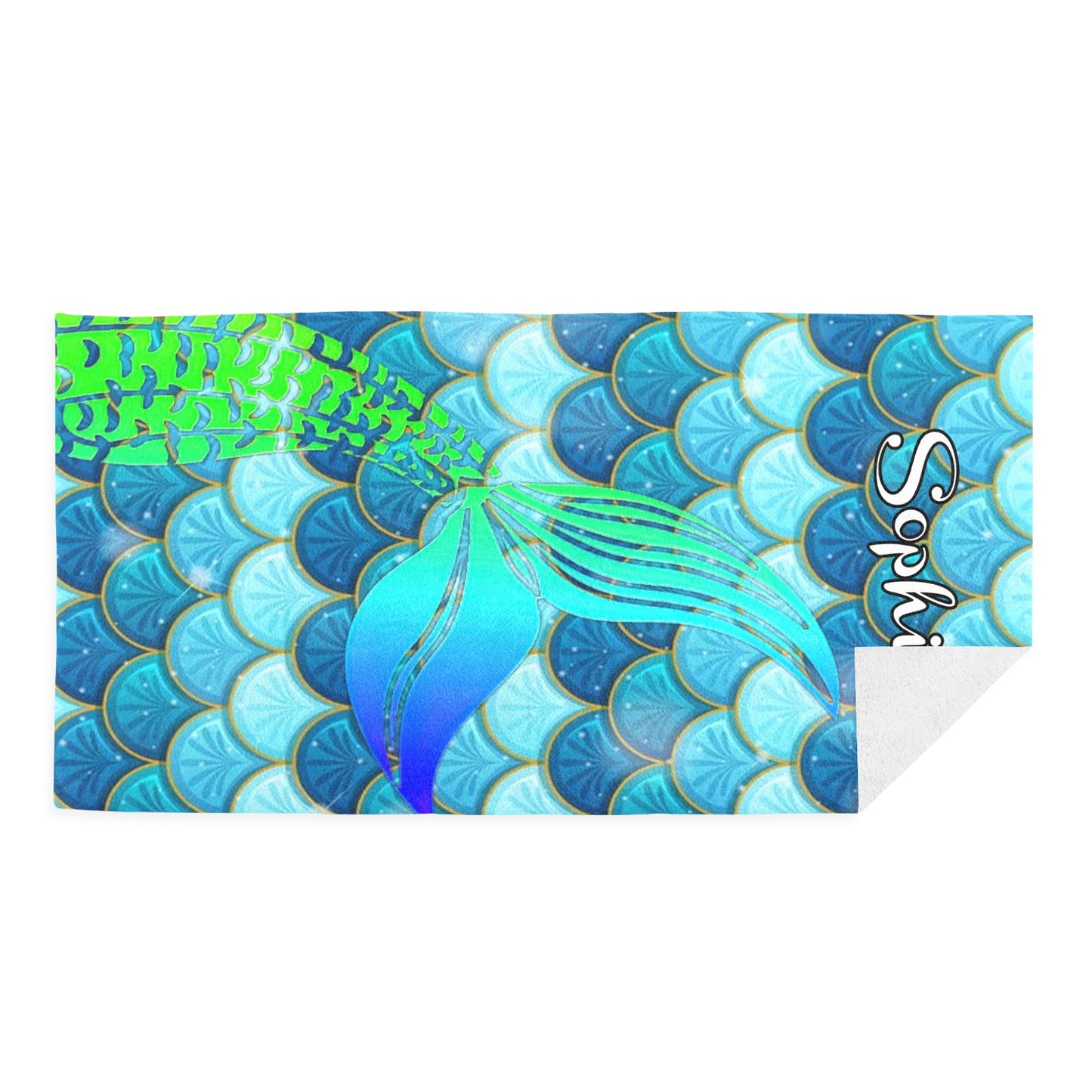Mermaid Blue Beach Towel Custom Cotton/Poly Blend Pool Towel - Blue - Personalize with Your Name - Standard Size