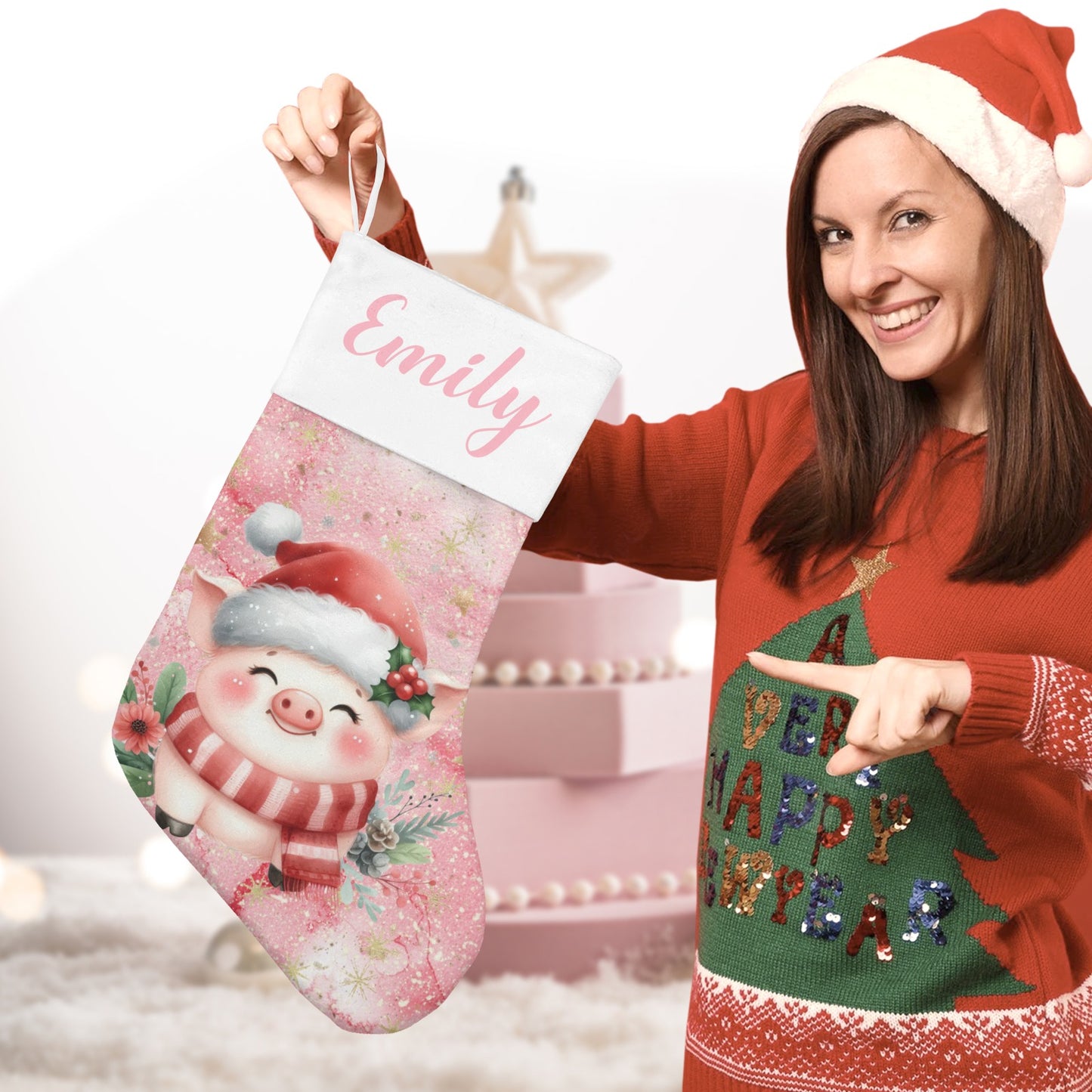 Cute Pig Christmas Stocking Custom Name Christmas Socks Gift