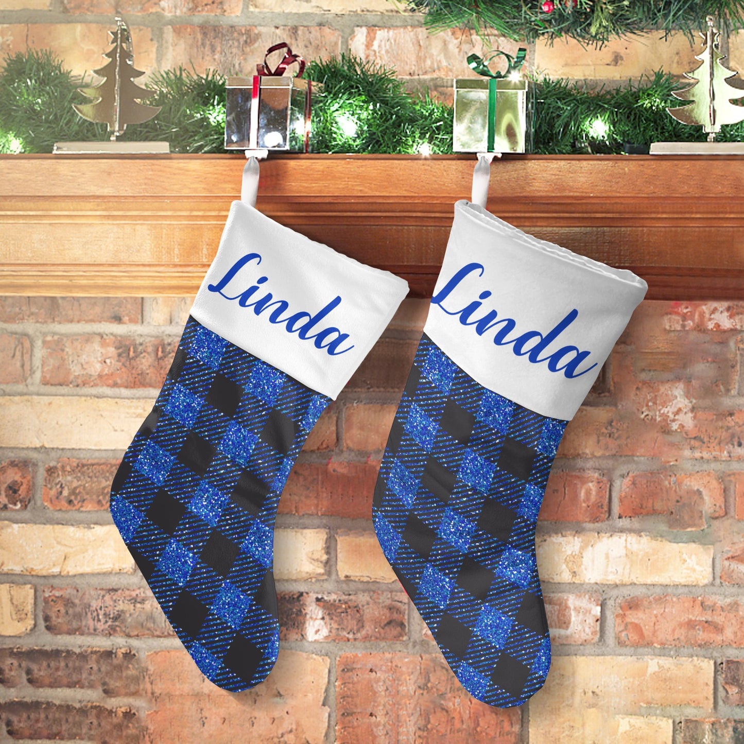 Blue Buffalo Plaid Christmas Stocking Custom Name Christmas Socks Gift
